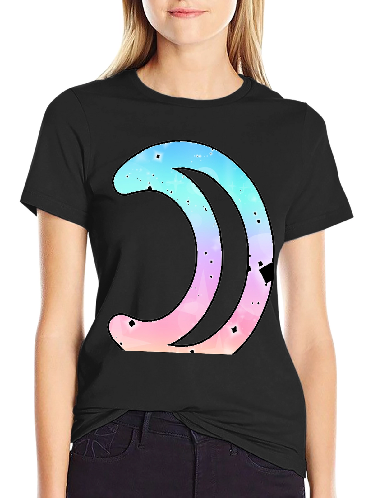 Galaxy Crescent Moon Graphic Black T-Shirt