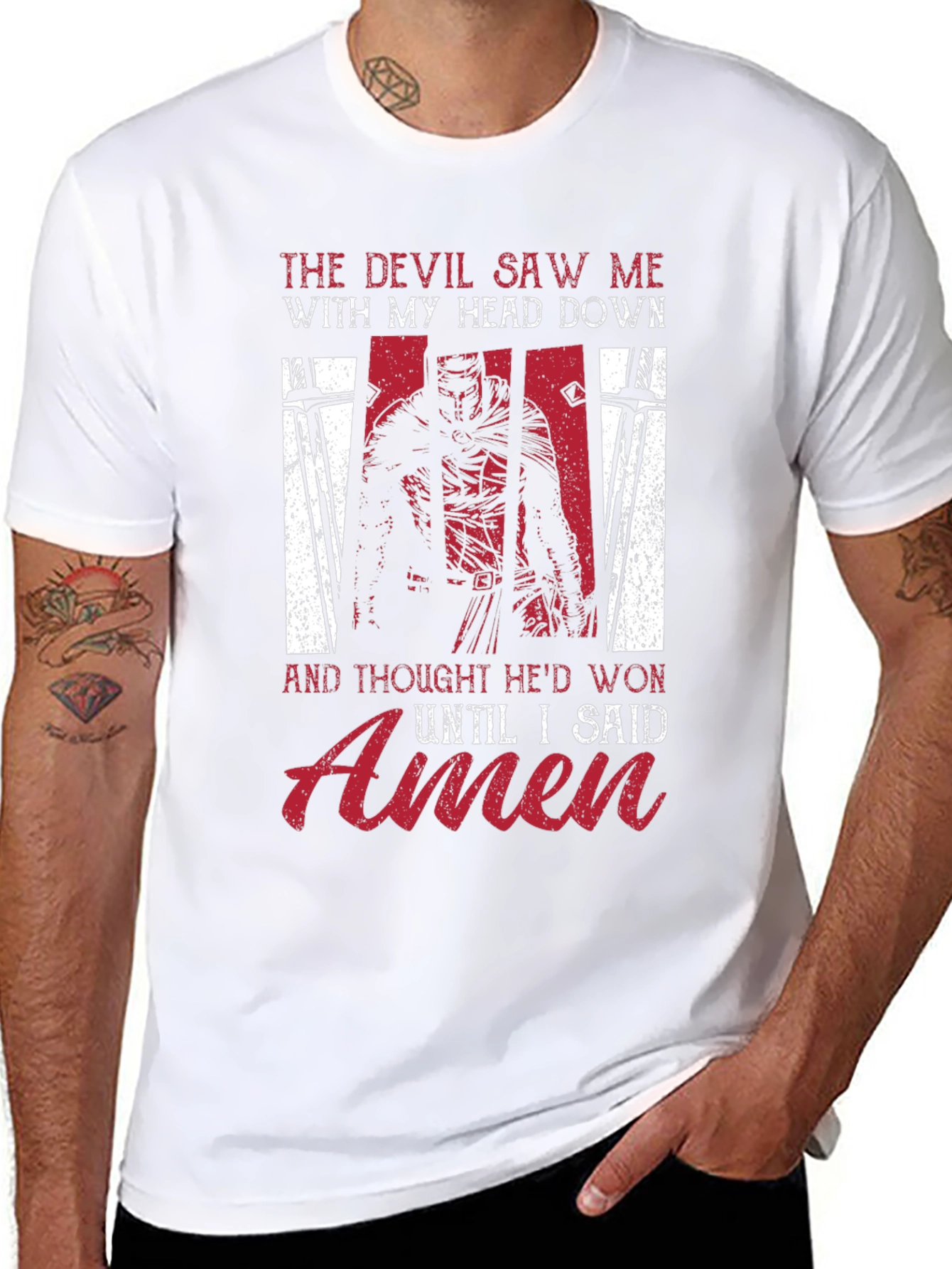 Devil Saw Me T-Shirt - Knight and Amen Design