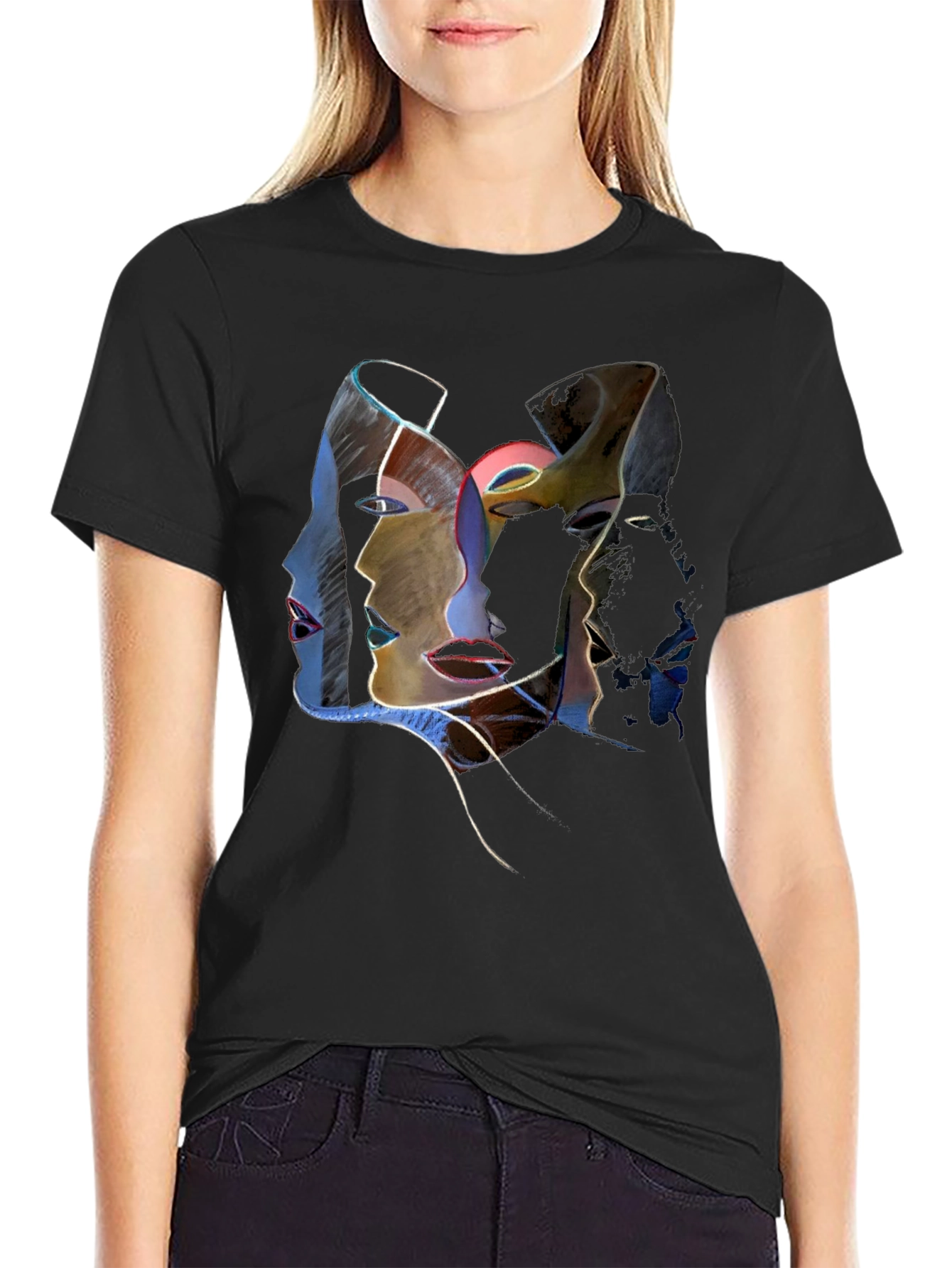 Abstract Faces Graphic Tee - Unisex Black T-Shirt