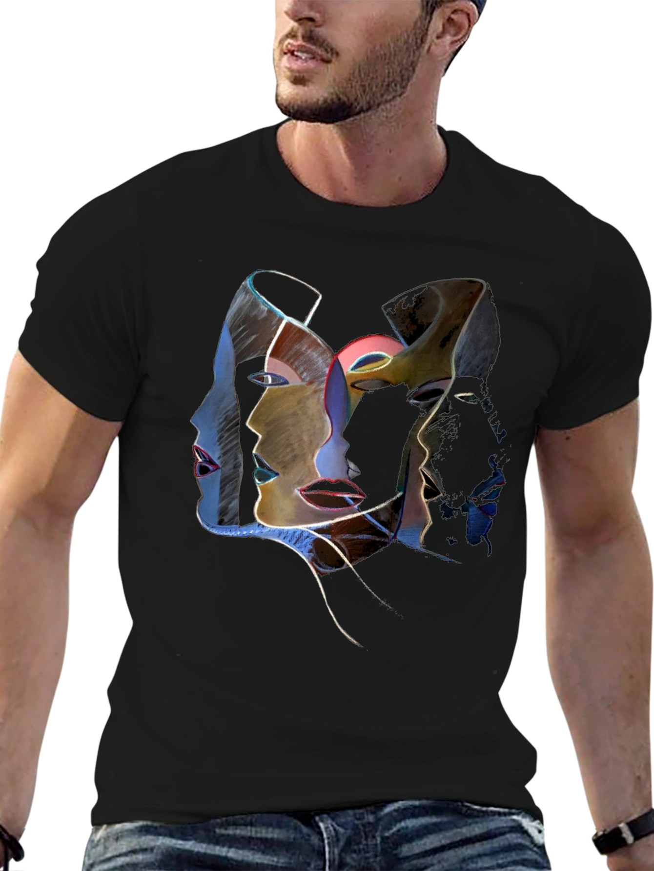 Abstract Faces Graphic Tee - Unisex Black T-Shirt