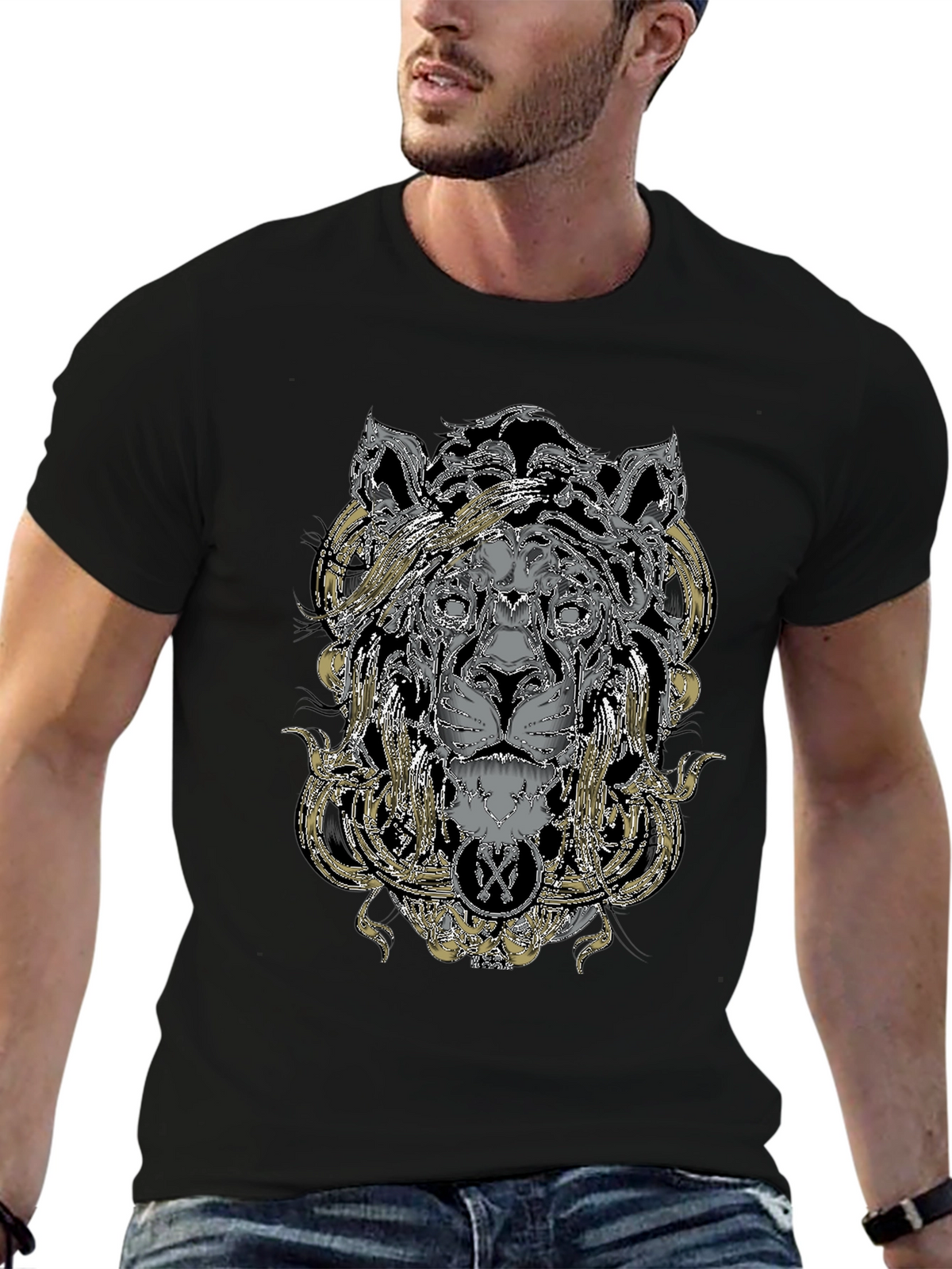 Ornate Lion Graphic Black T-Shirt