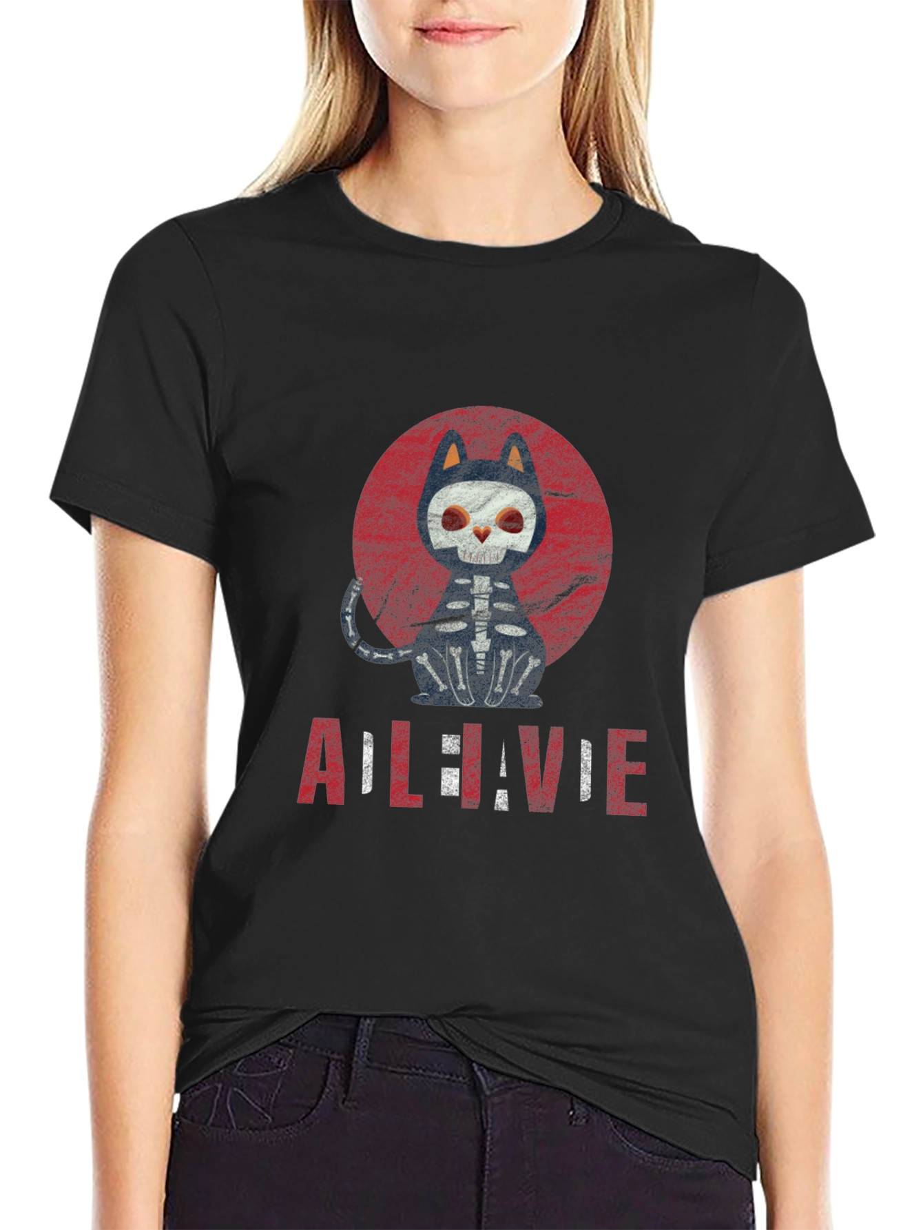 Cat Skeleton Halloween Graphic Tee