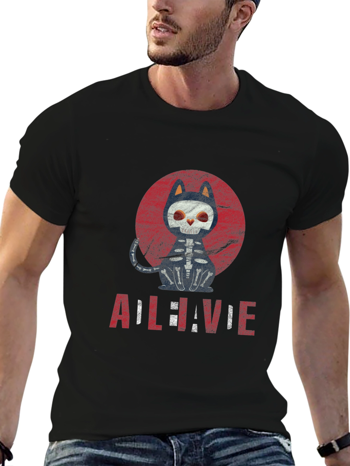 Cat Skeleton Halloween Graphic Tee