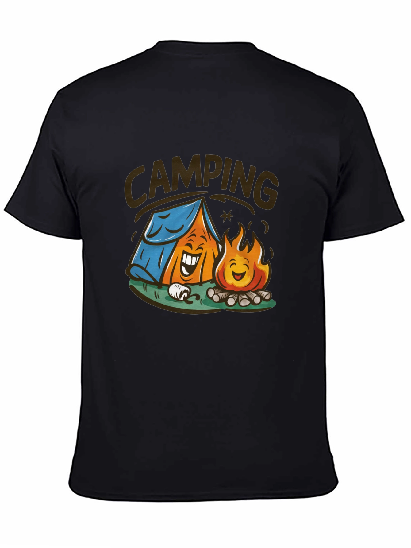 Cartoon Camping Graphic Tee - Black Cotton T-Shirt
