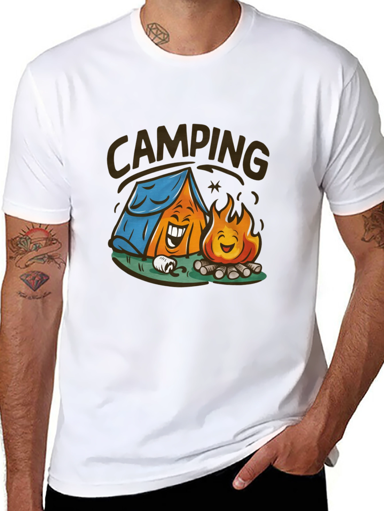Cartoon Camping Graphic Tee - Black Cotton T-Shirt