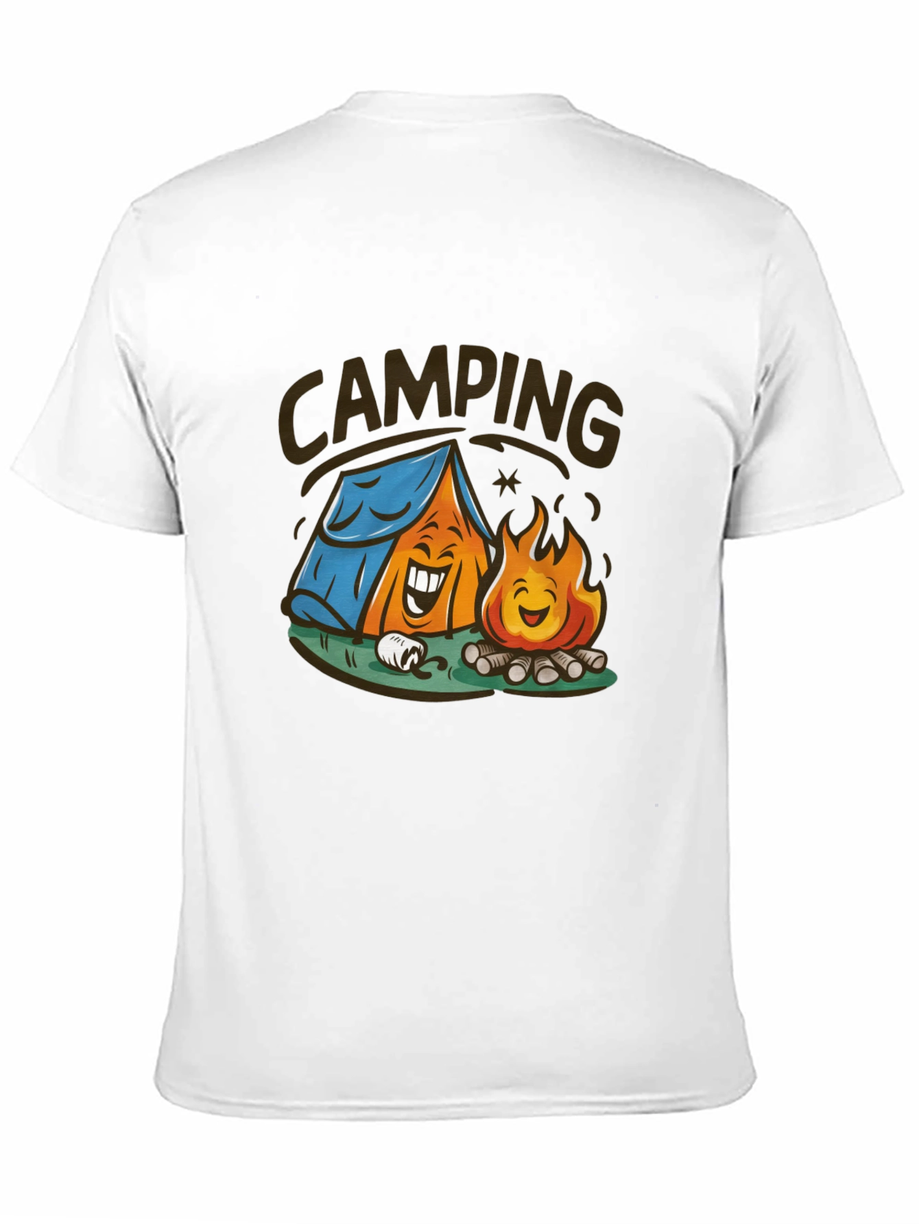 Cartoon Camping Graphic Tee - Black Cotton T-Shirt