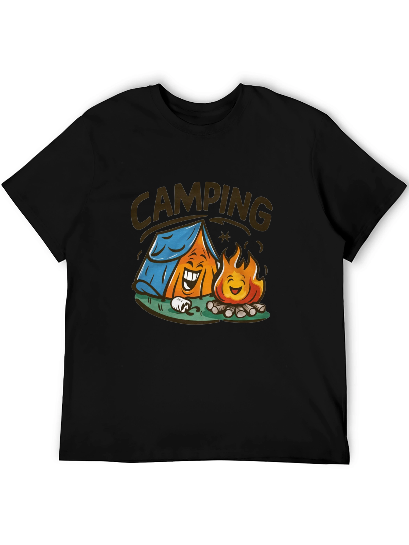 Cartoon Camping Graphic Tee - Black Cotton T-Shirt