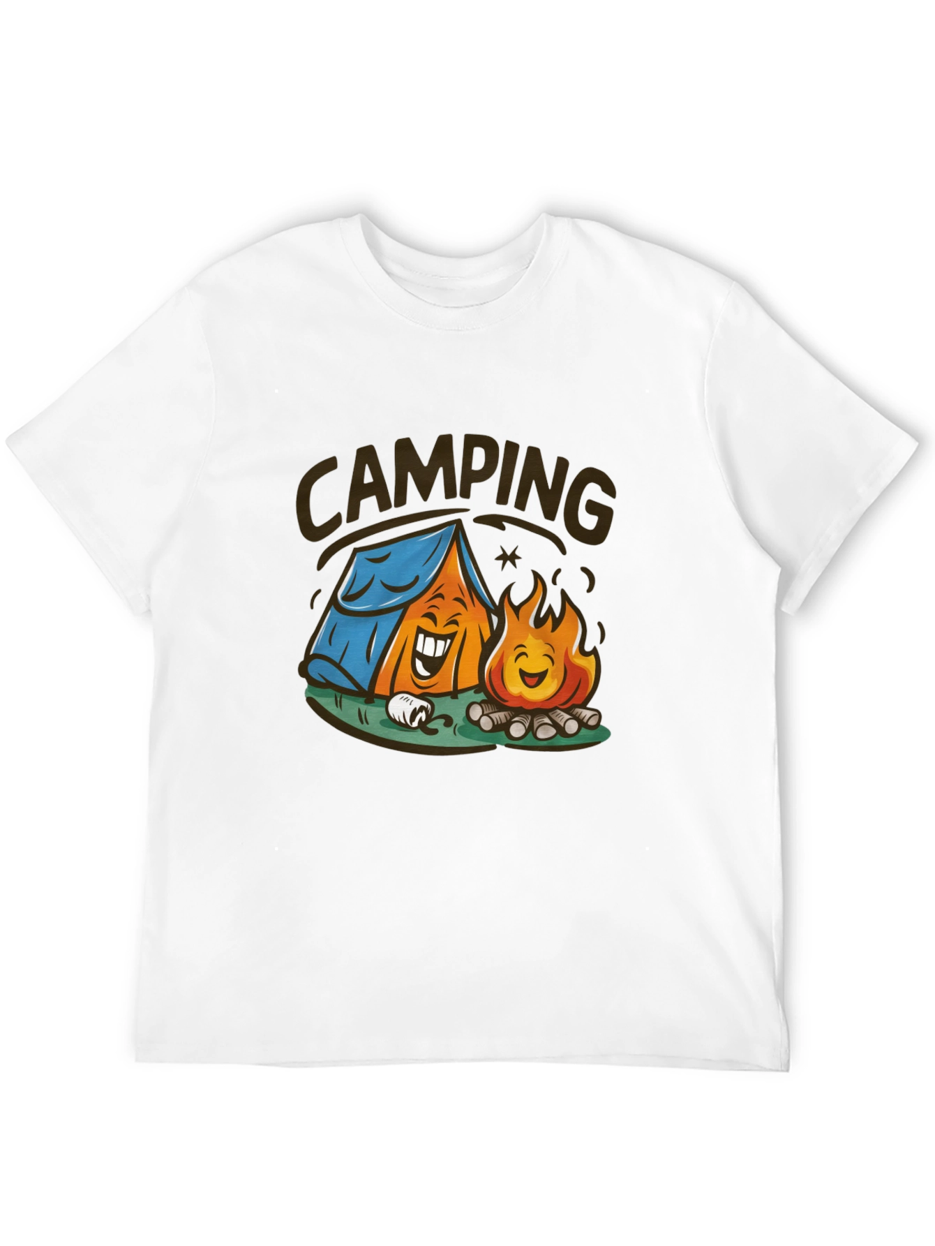 Cartoon Camping Graphic Tee - Black Cotton T-Shirt