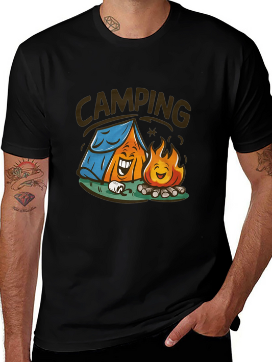 Cartoon Camping Graphic Tee - Black Cotton T-Shirt