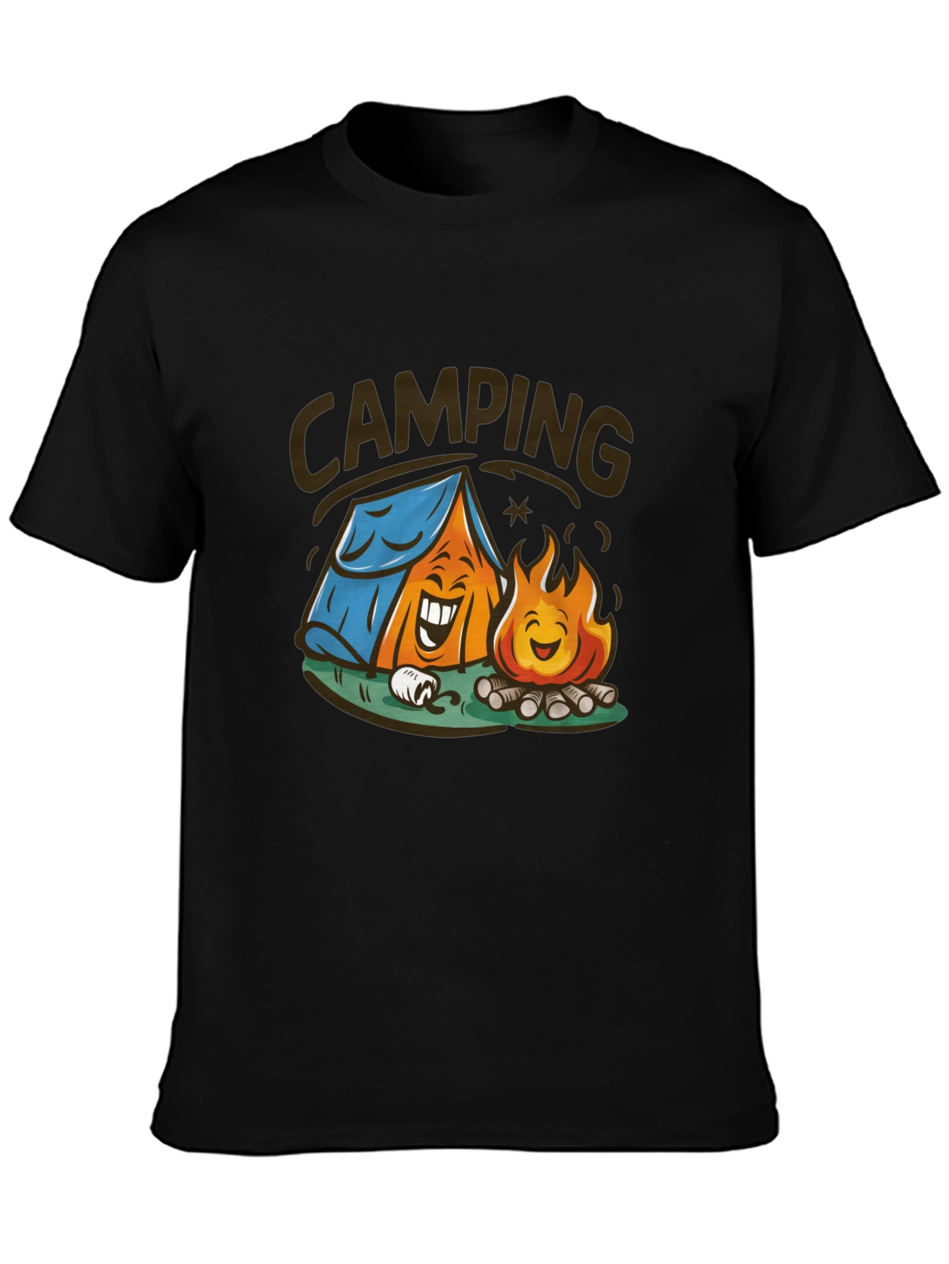 Cartoon Camping Graphic Tee - Black Cotton T-Shirt