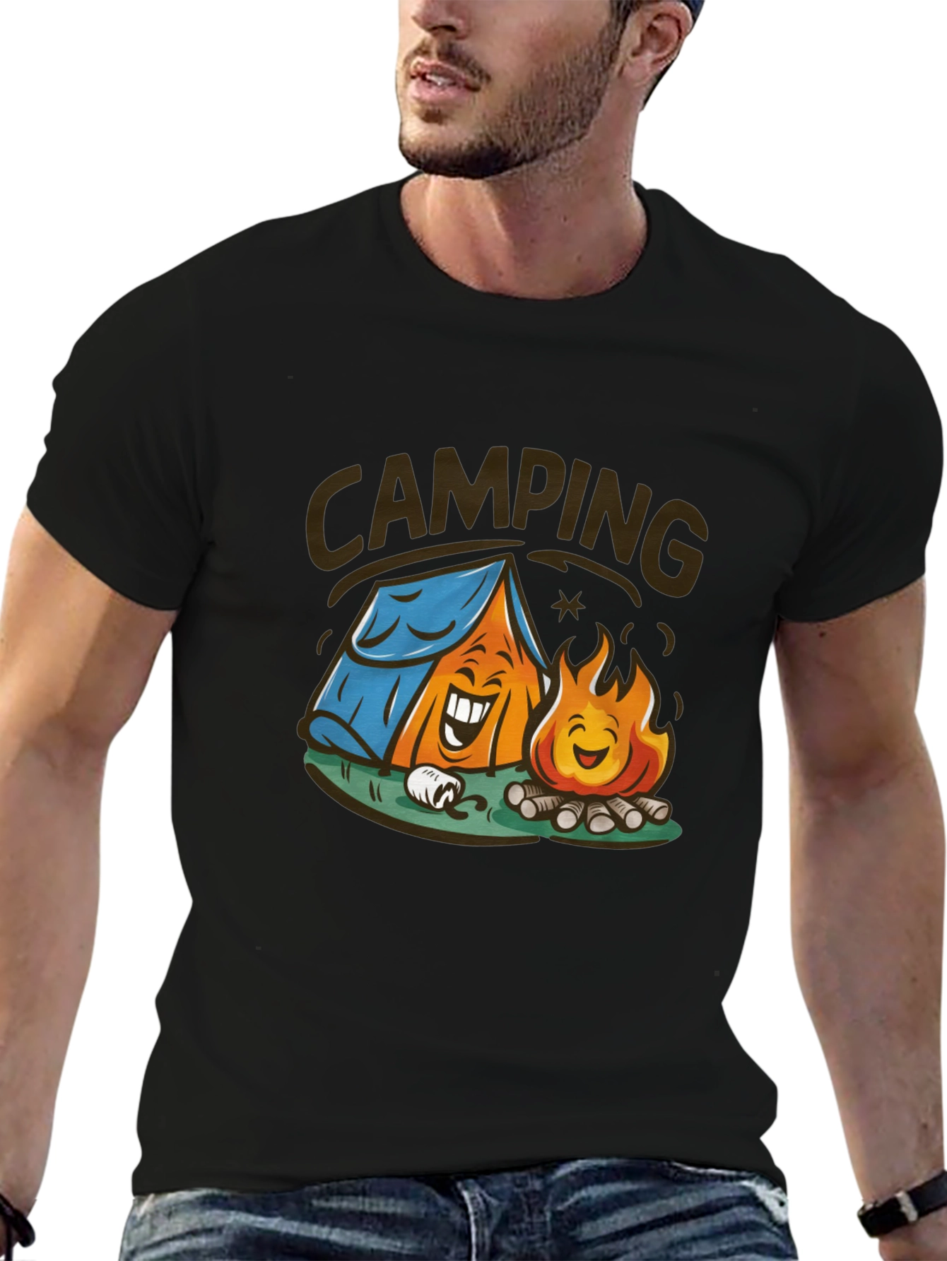 Cartoon Camping Graphic Tee - Black Cotton T-Shirt
