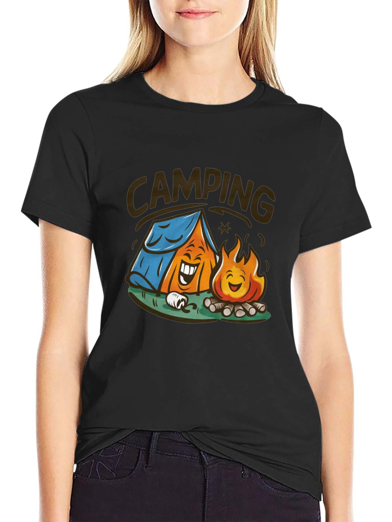 Cartoon Camping Graphic Tee - Black Cotton T-Shirt
