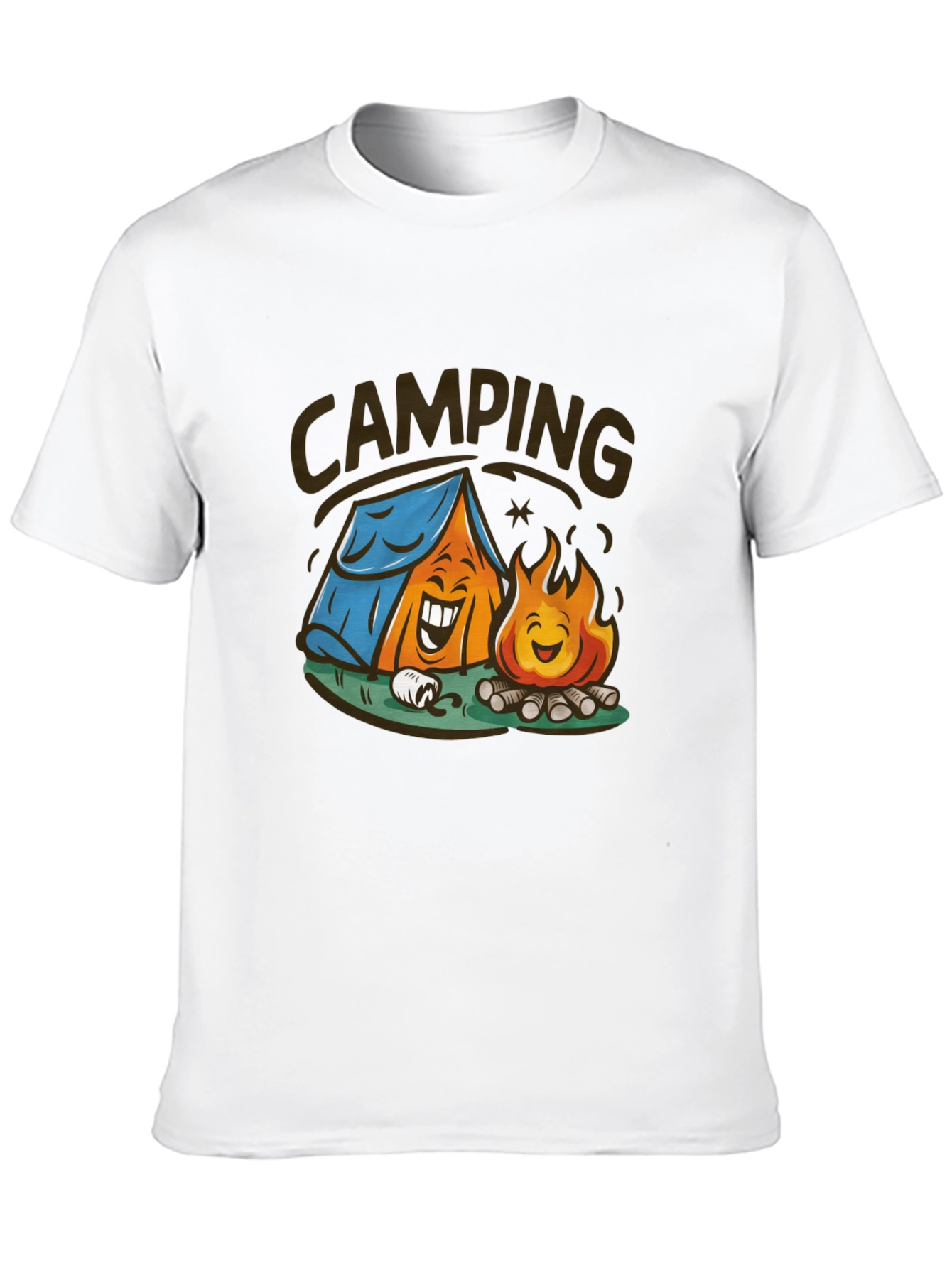 Cartoon Camping Graphic Tee - Black Cotton T-Shirt