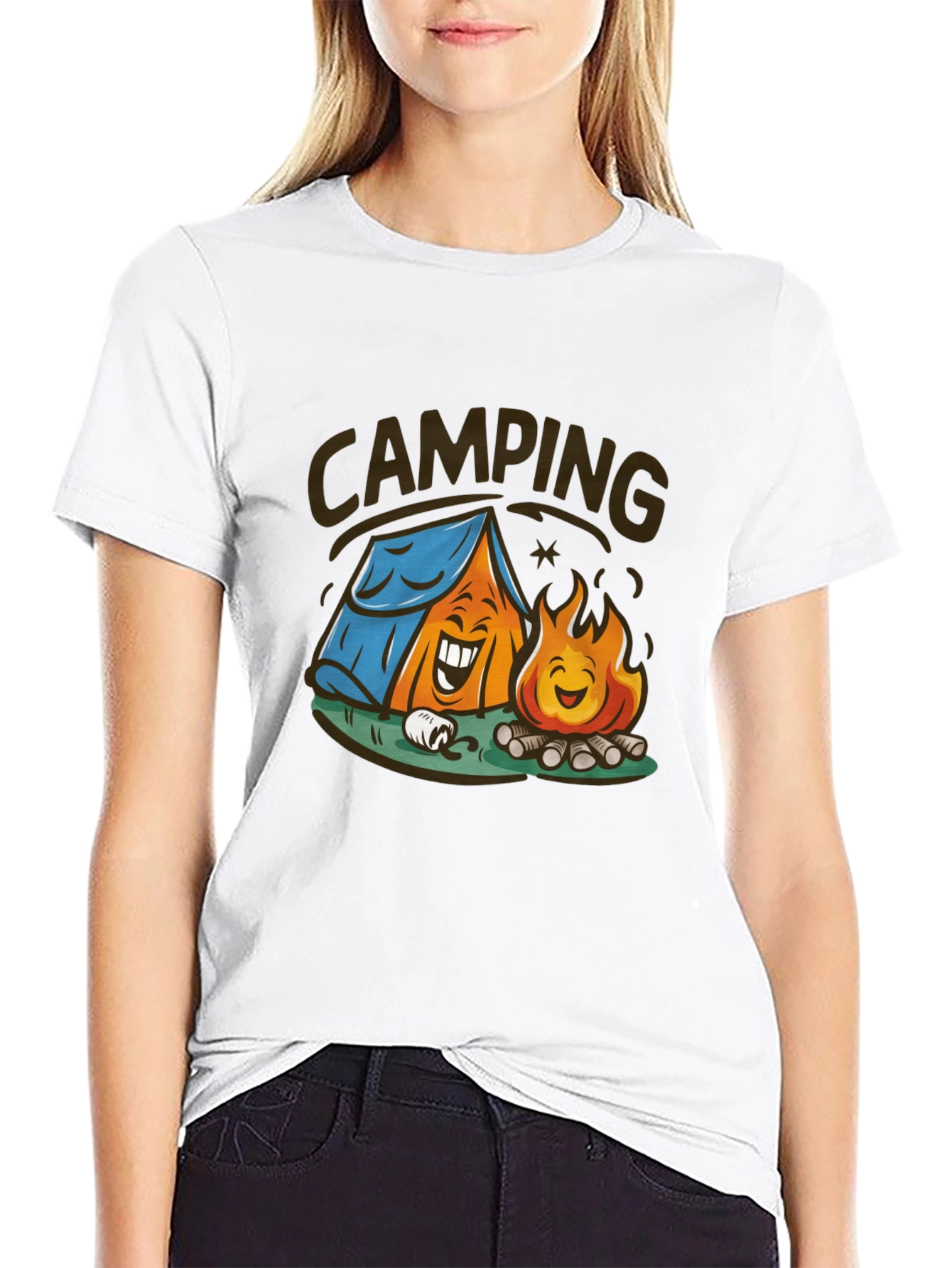 Cartoon Camping Graphic Tee - Black Cotton T-Shirt