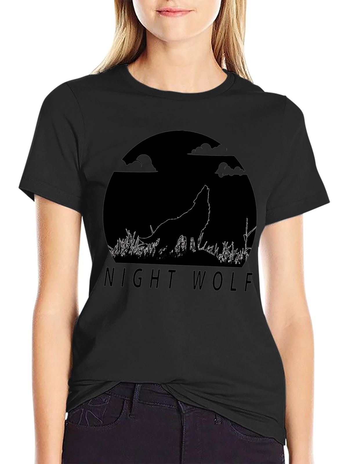 Night Wolf Graphic Tee - Black Cotton T-Shirt