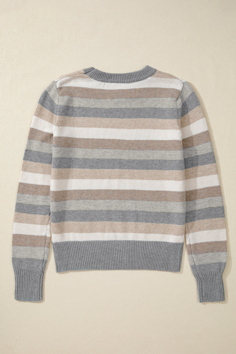 Gray Stripe Color Block Ribbed Edge Round Neck Sweater