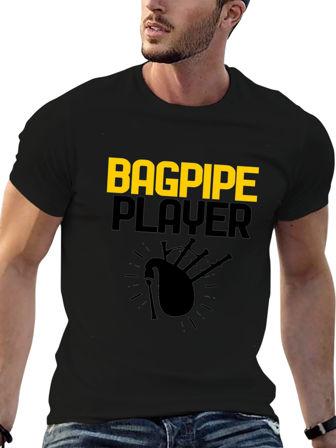 Bagpipe Player Graphic Tee - Black Cotton T-Shirt