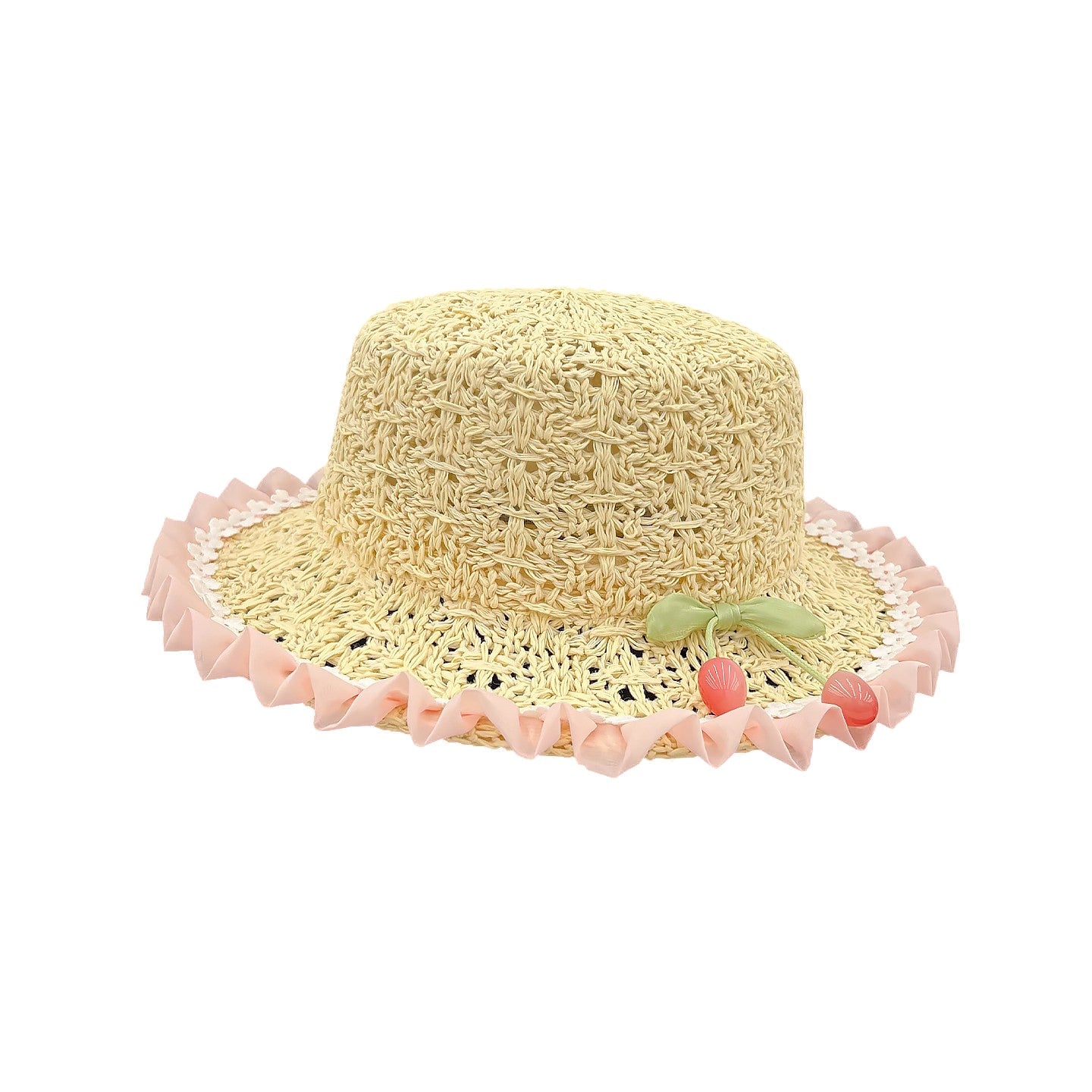 Women's Flat Top Straw Hat with Ruffled Brim and Cherry Detail for Sun Protection