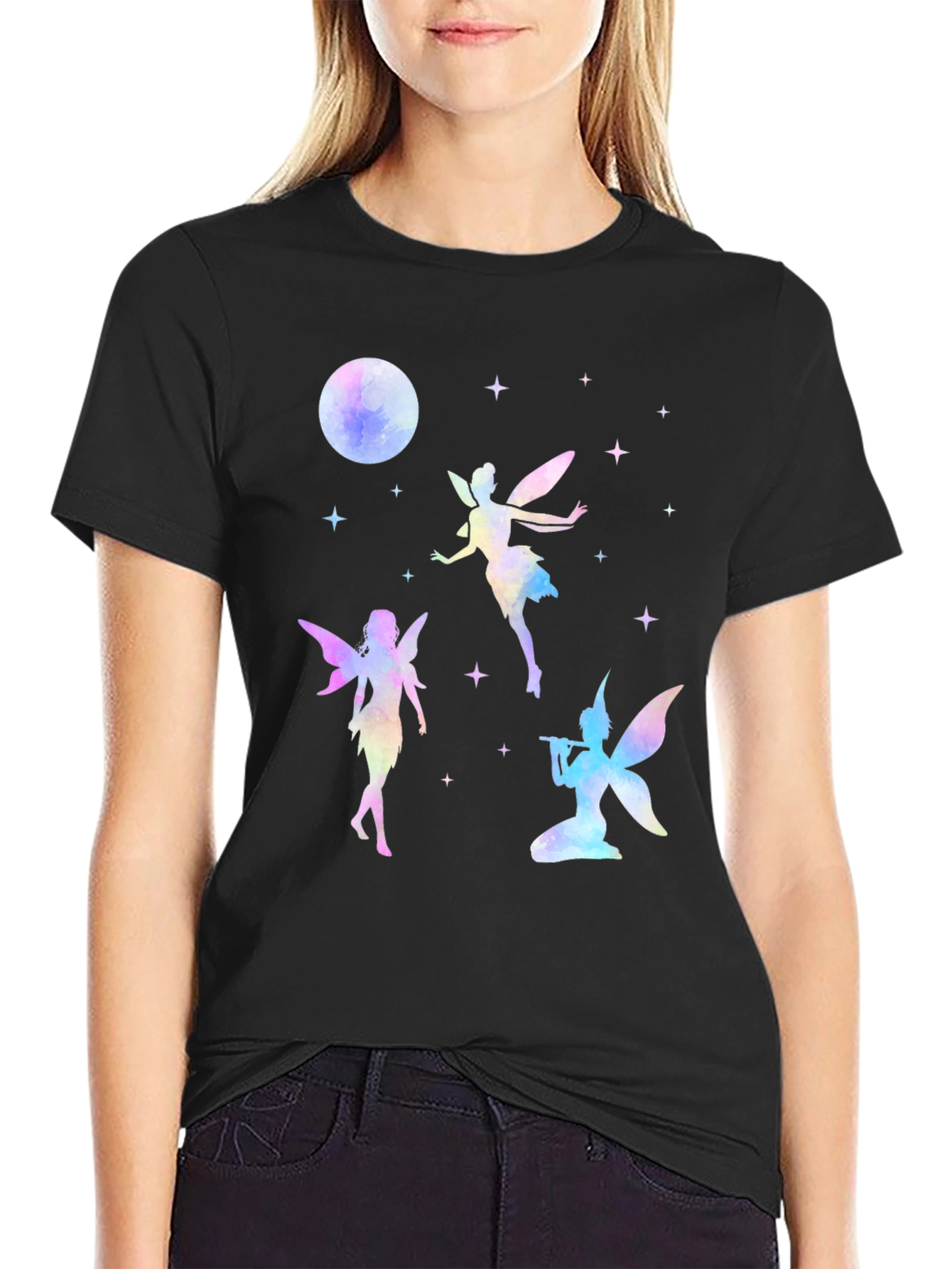 Fairy Moon Stars Graphic Tee - Whimsical Black T-Shirt