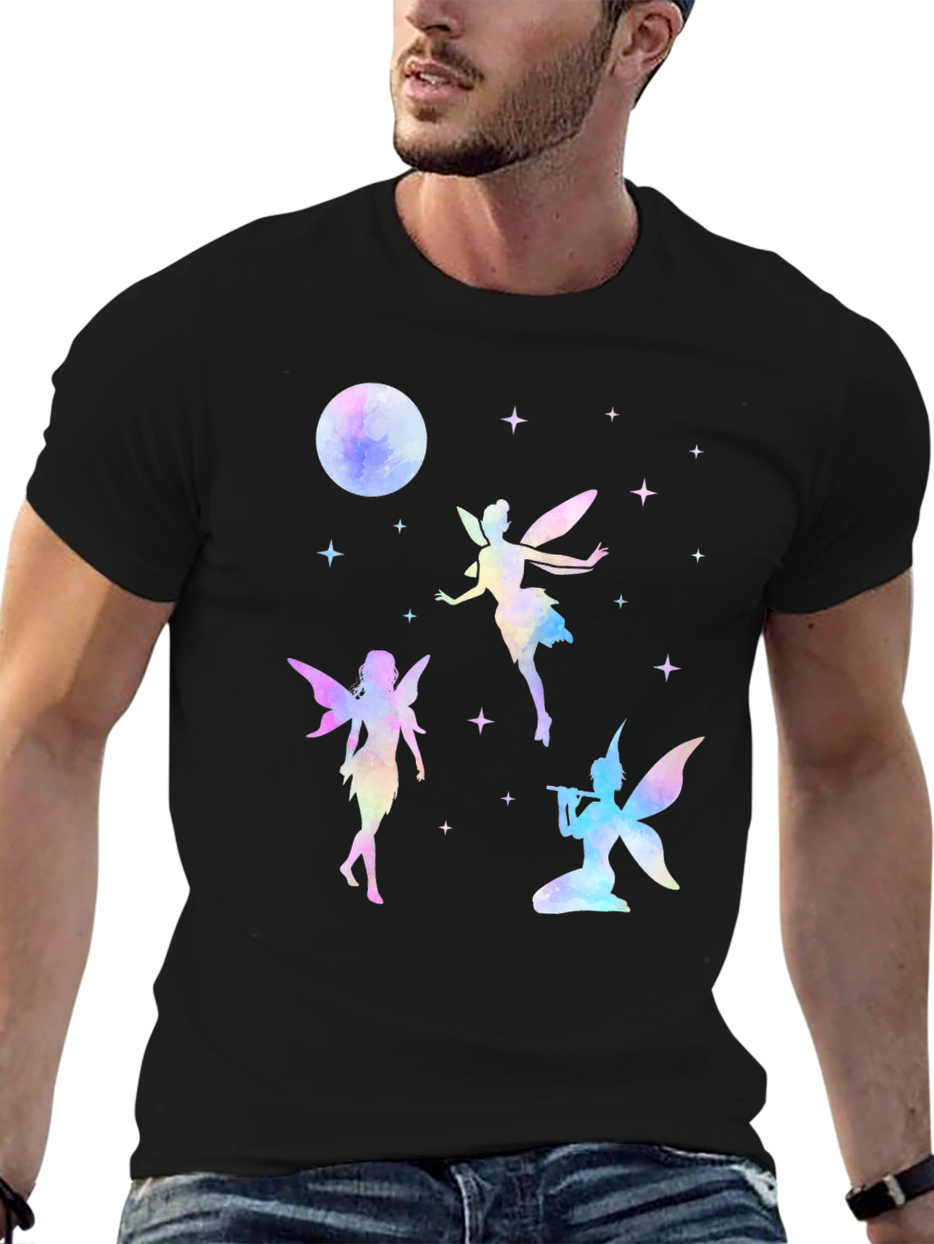 Fairy Moon Stars Graphic Tee - Whimsical Black T-Shirt