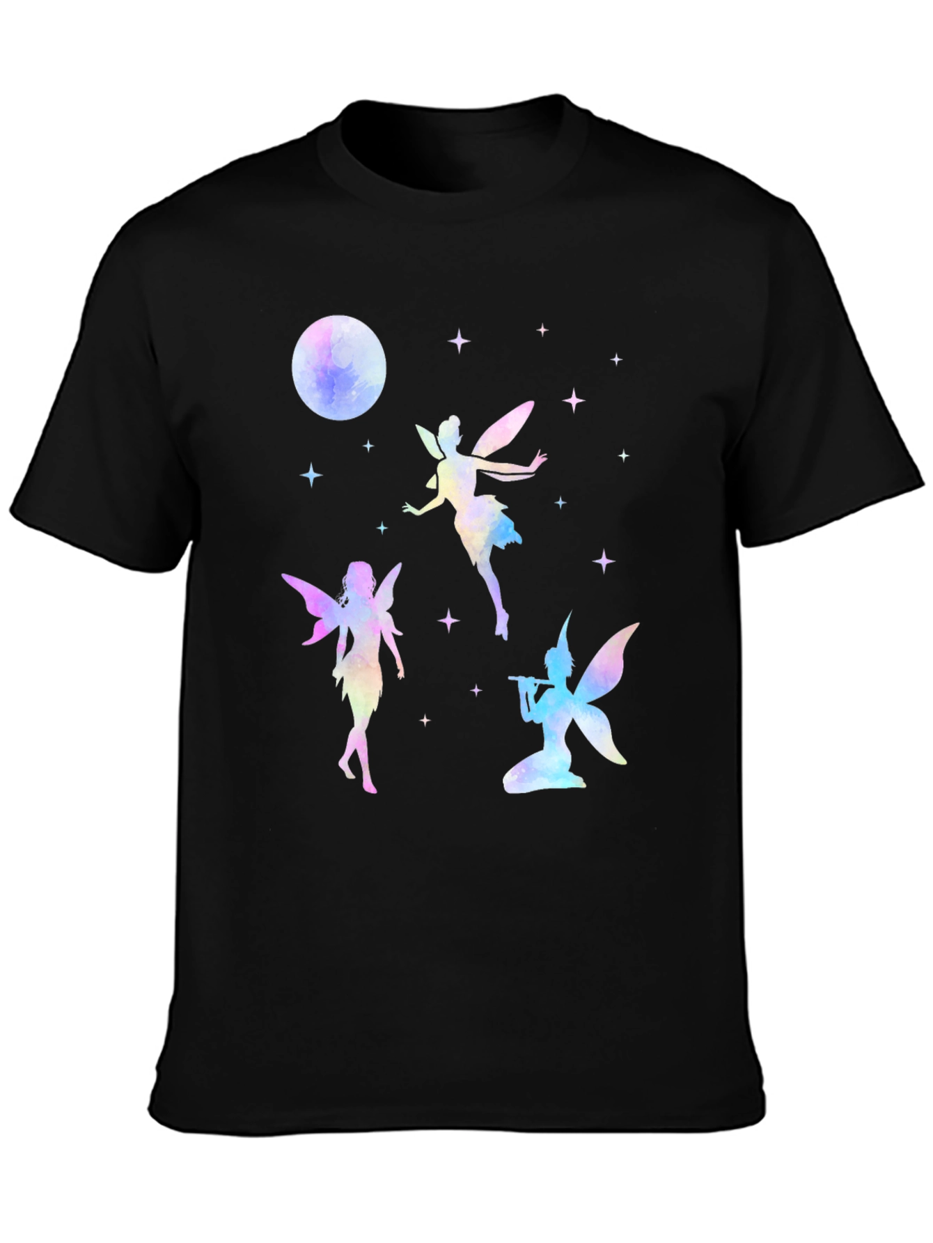 Fairy Moon Stars Graphic Tee - Whimsical Black T-Shirt
