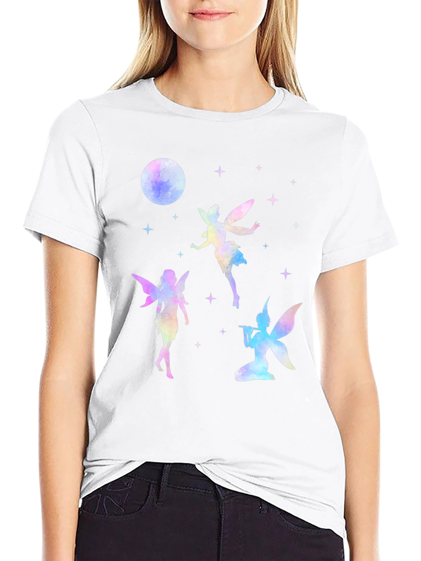 Fairy Moon Stars Graphic Tee - Whimsical Black T-Shirt