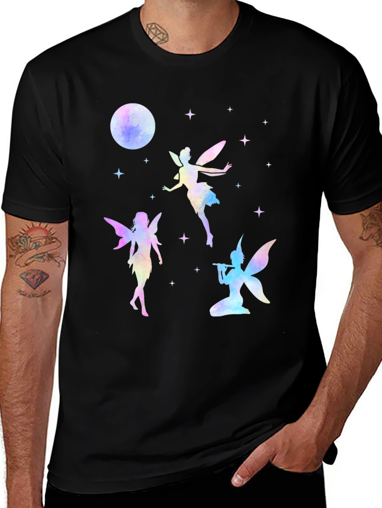 Fairy Moon Stars Graphic Tee - Whimsical Black T-Shirt