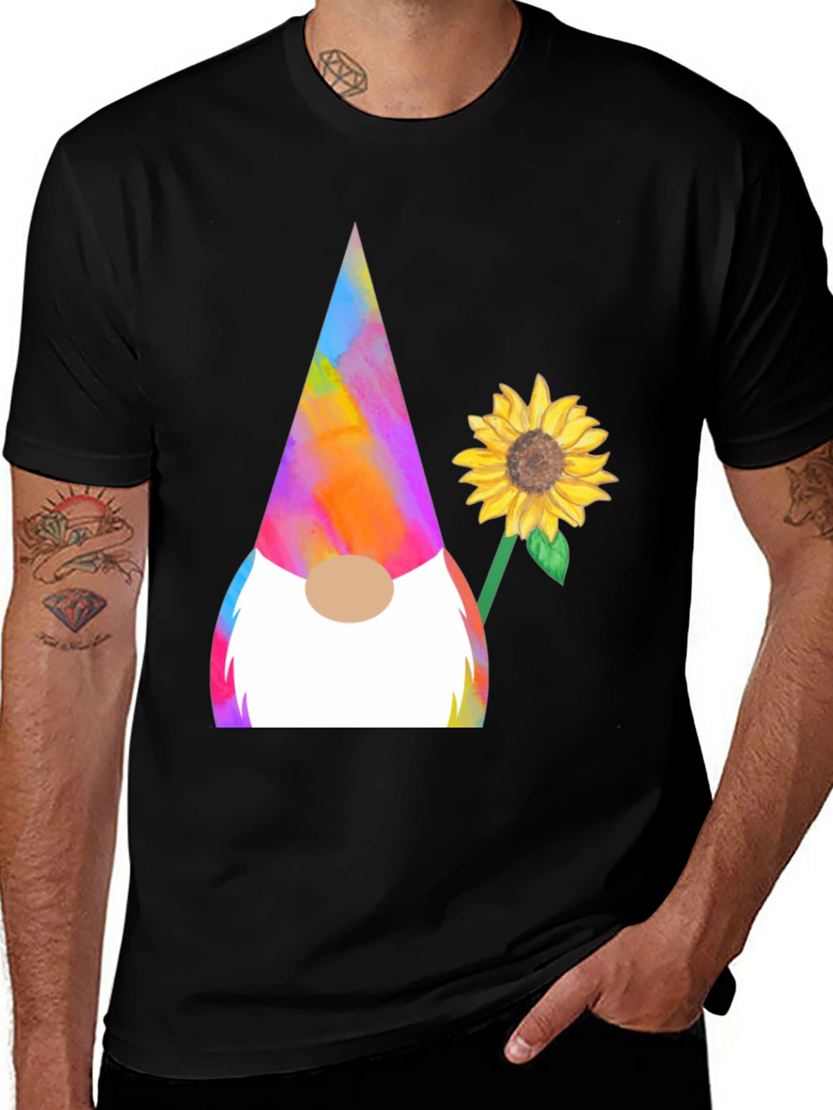 Gnome and Sunflower Graphic Tee - Quirky Mens T-Shirt