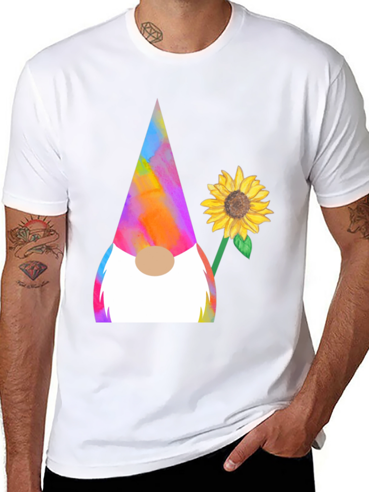 Gnome and Sunflower Graphic Tee - Quirky Mens T-Shirt