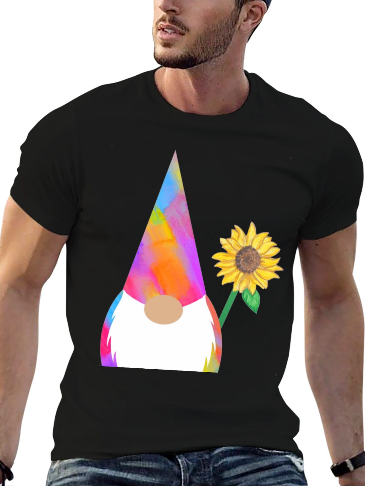 Gnome and Sunflower Graphic Tee - Quirky Mens T-Shirt