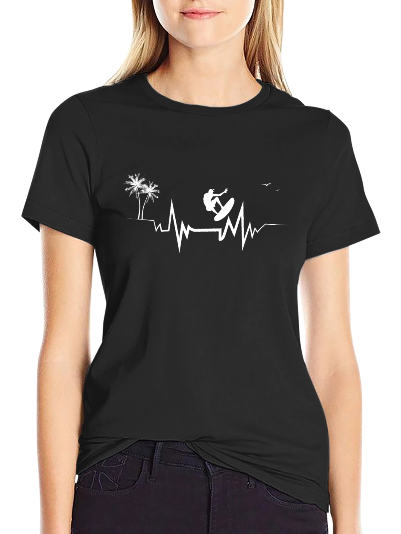 Surfing Heartbeat Graphic Tee - Casual Cotton Comfort
