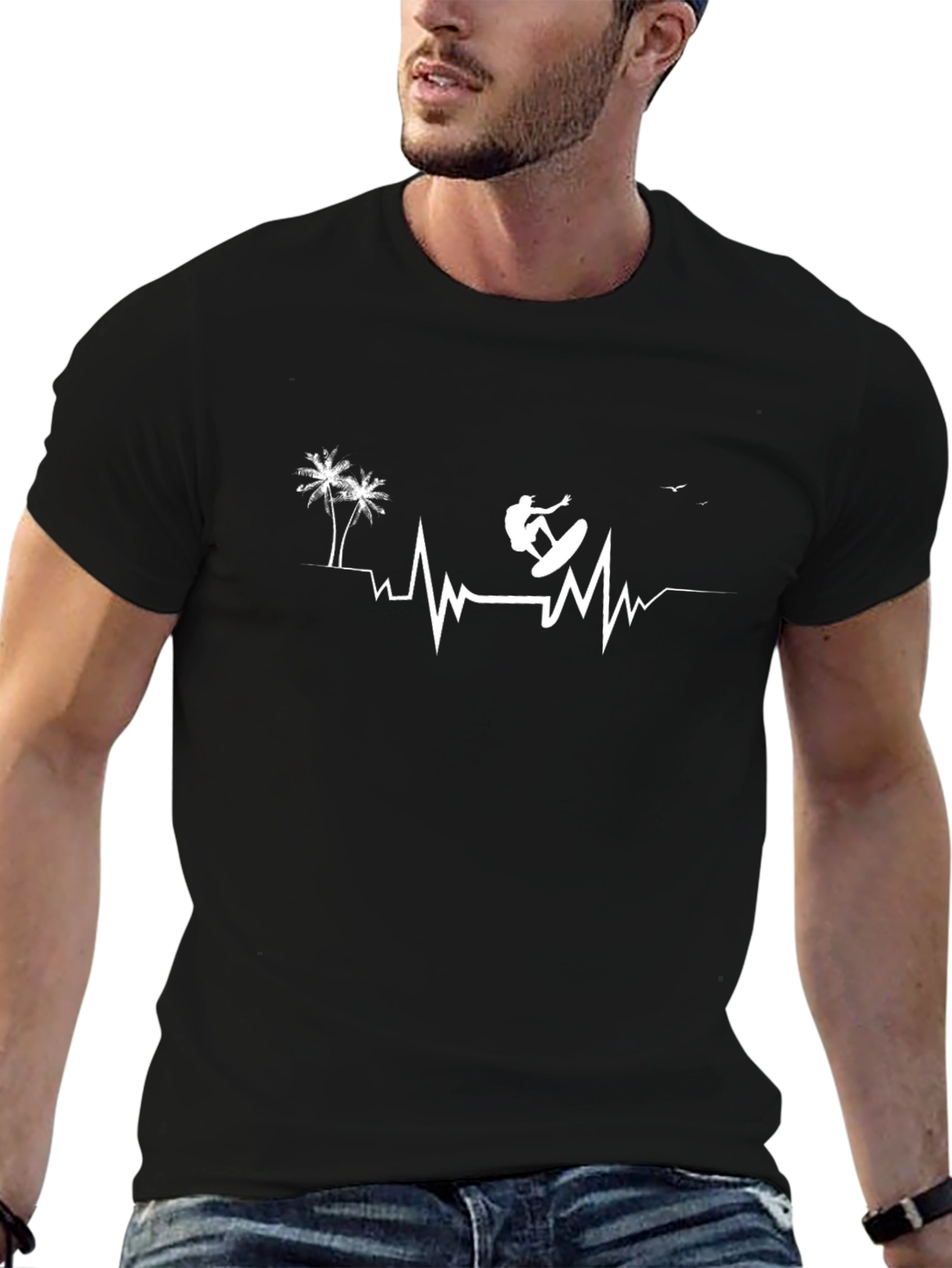 Surfing Heartbeat Graphic Tee - Casual Cotton Comfort