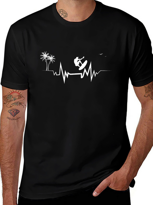 Surfing Heartbeat Graphic Tee - Casual Cotton Comfort