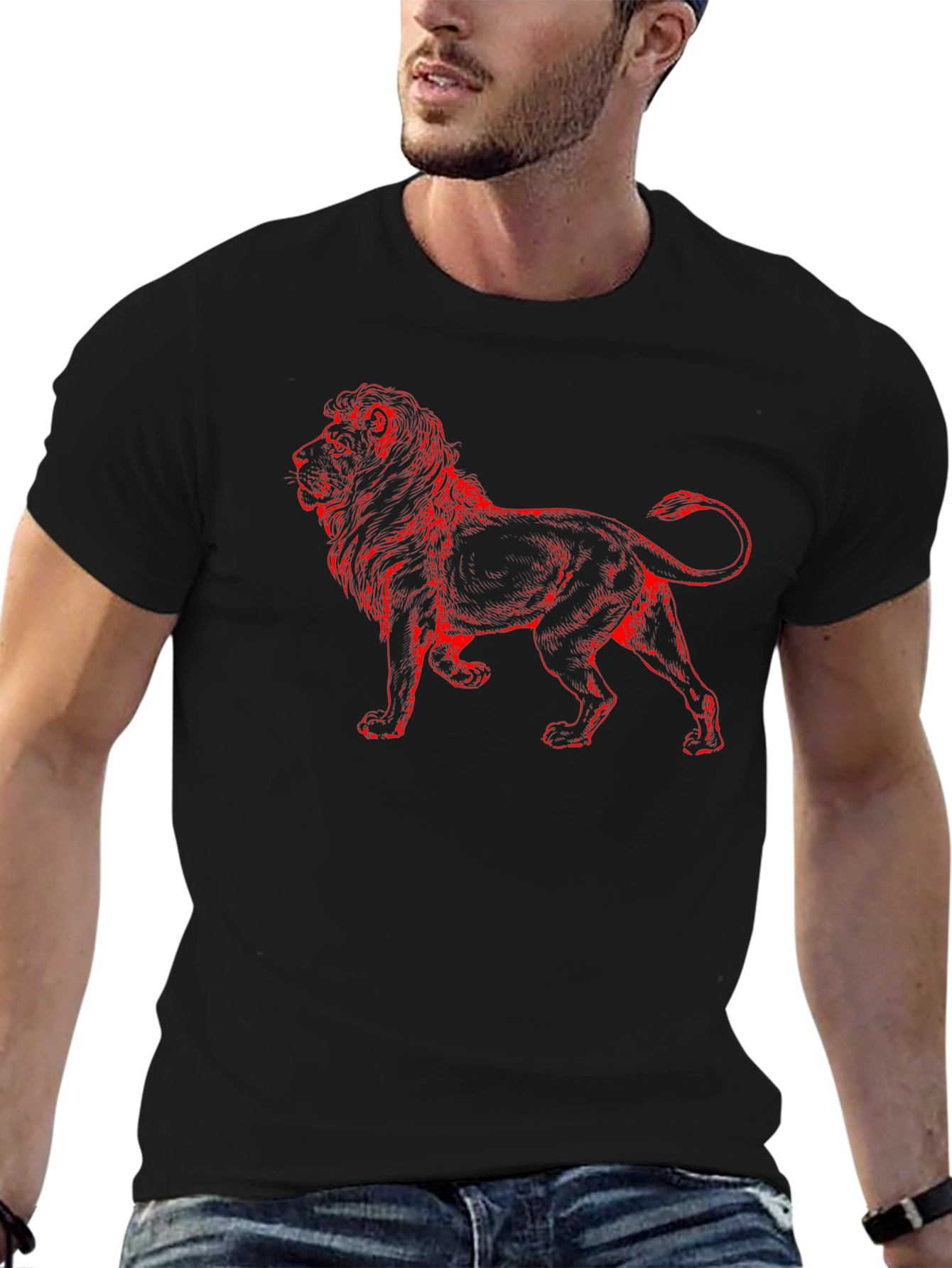 Lion Graphic T-Shirt - Red Print on Black