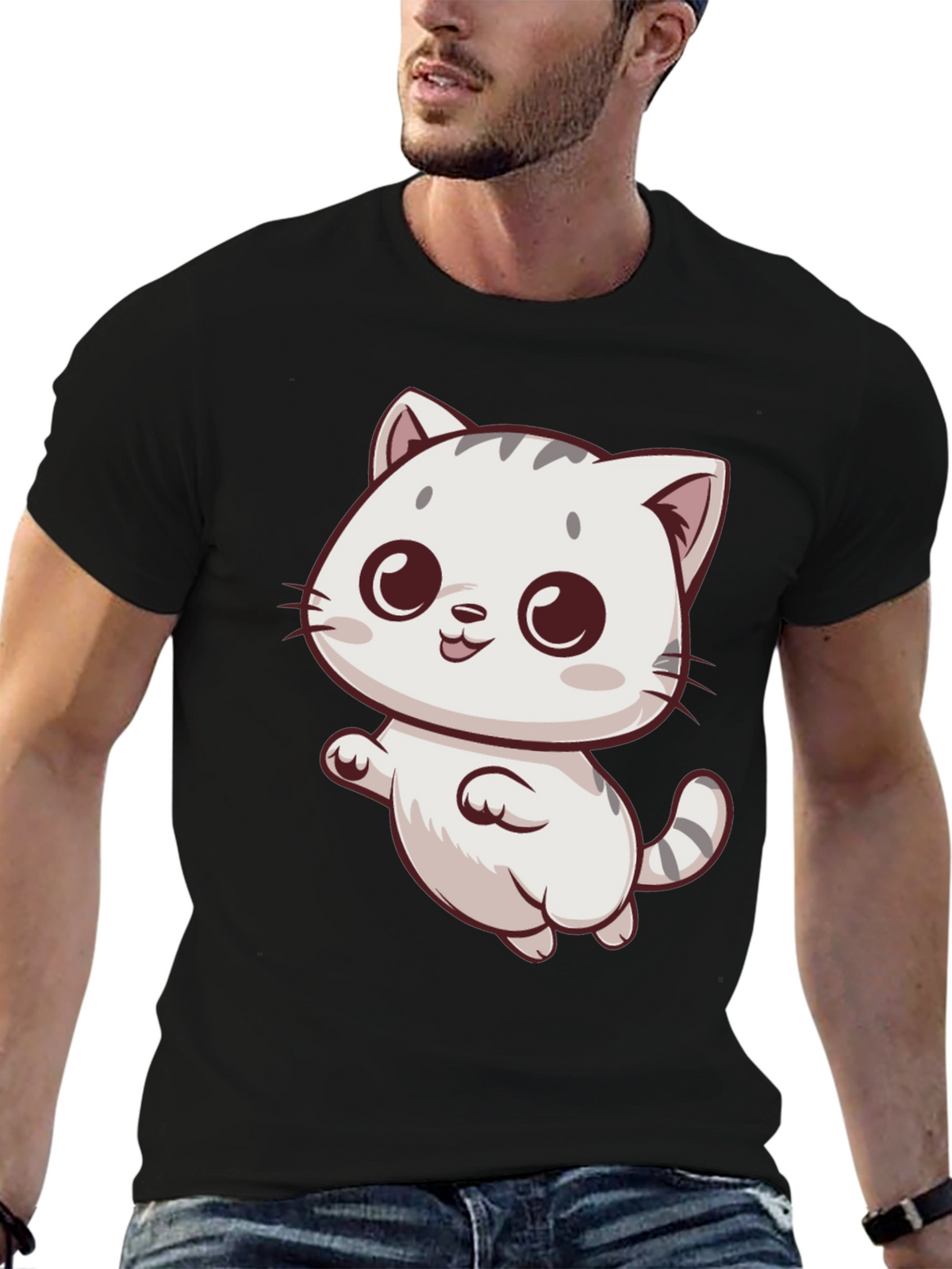 Cute Cartoon Cat Graphic Tee - Black