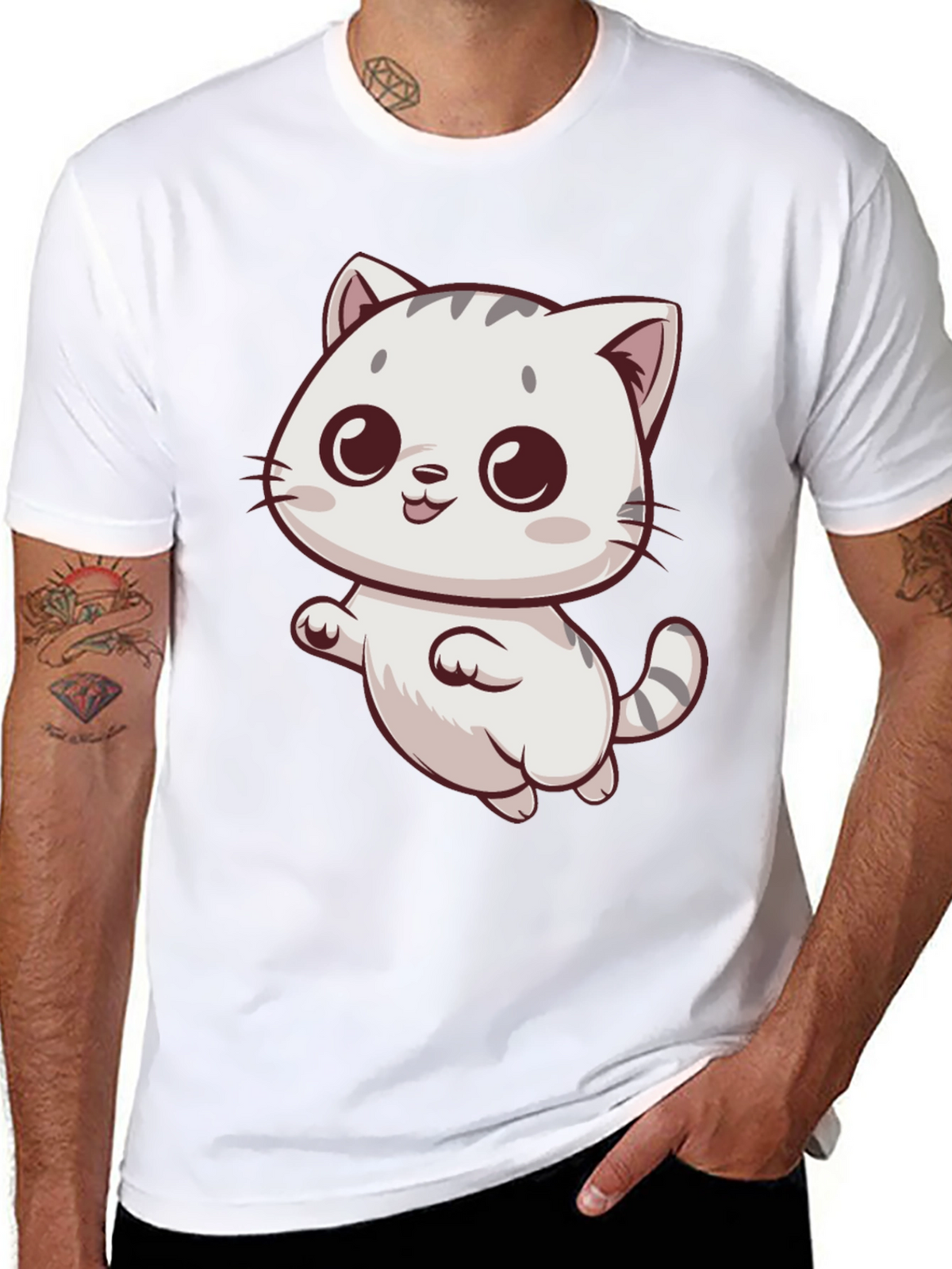 Cute Cartoon Cat Graphic Tee - Black