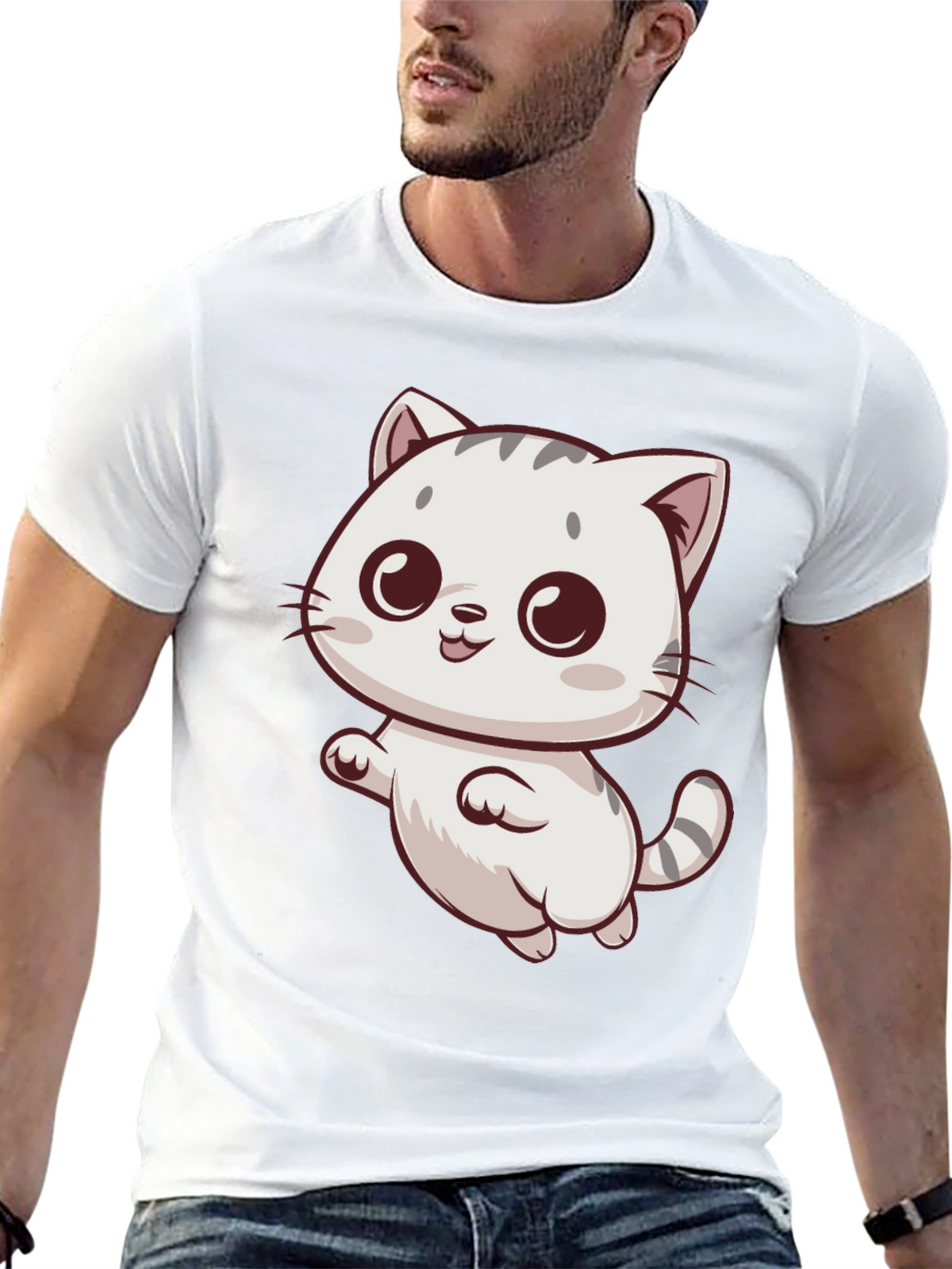 Cute Cartoon Cat Graphic Tee - Black