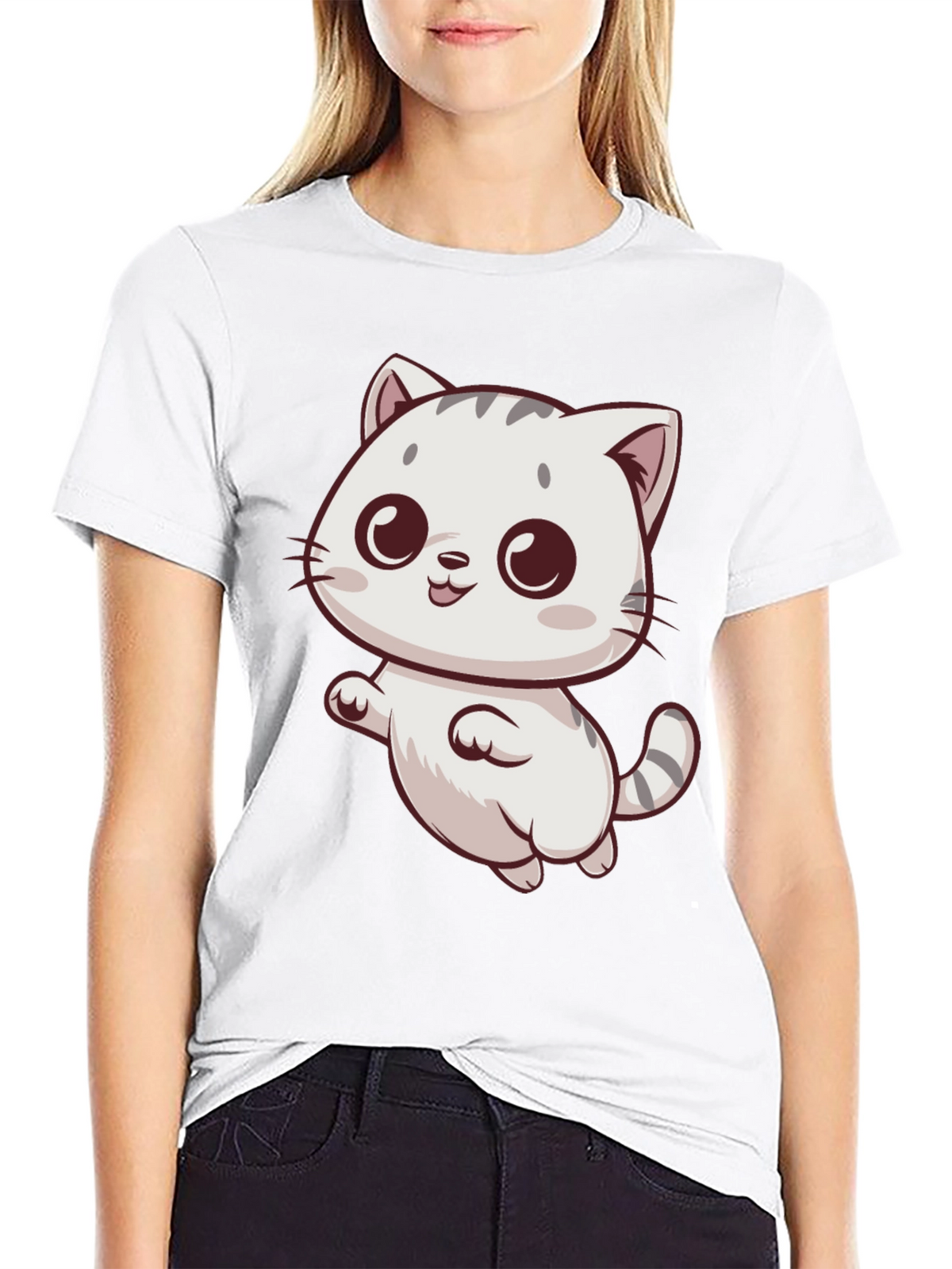 Cute Cartoon Cat Graphic Tee - Black