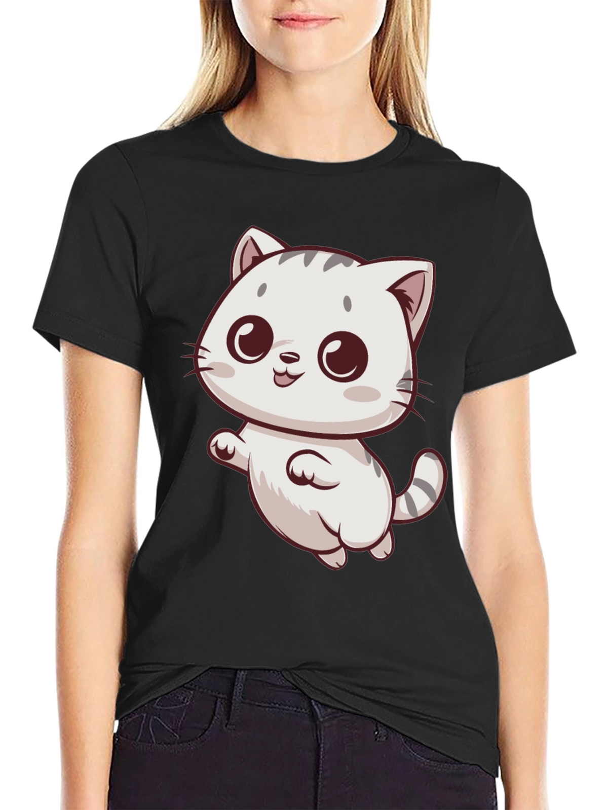 Cute Cartoon Cat Graphic Tee - Black