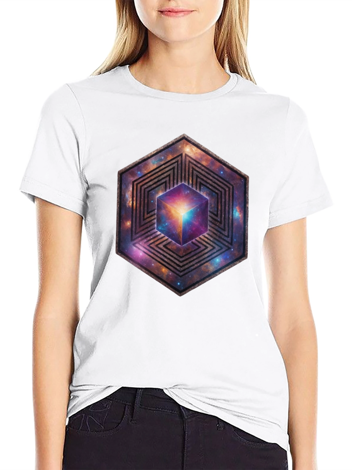 Hexagon Galaxy Cube Graphic T-Shirt