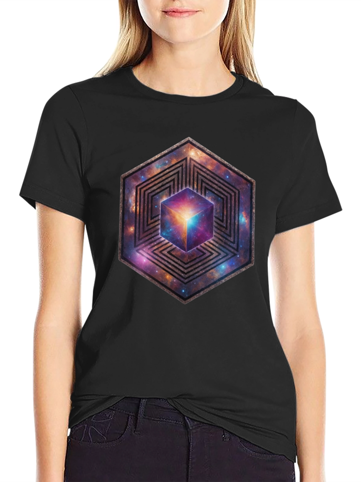 Hexagon Galaxy Cube Graphic T-Shirt