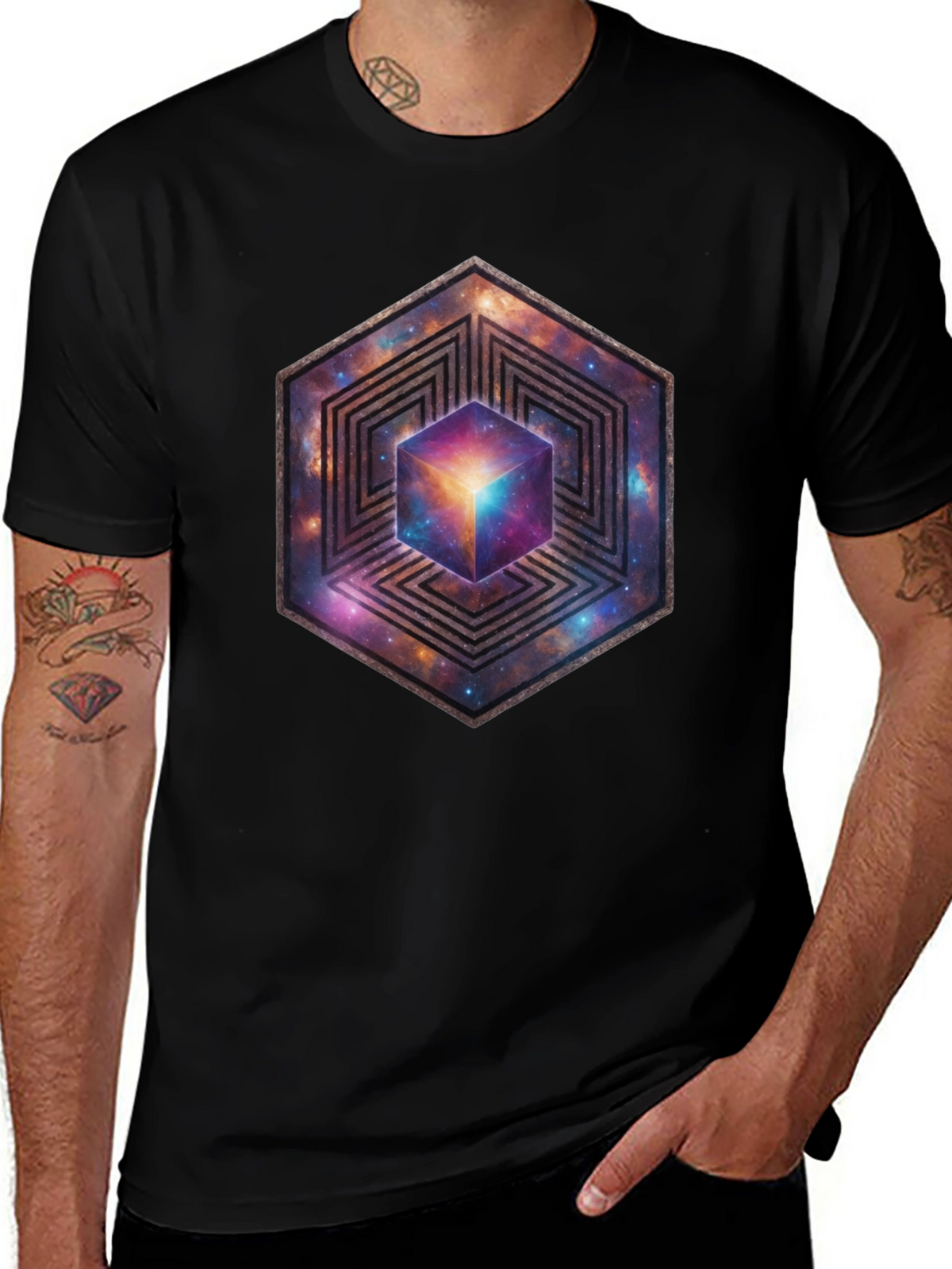 Hexagon Galaxy Cube Graphic T-Shirt