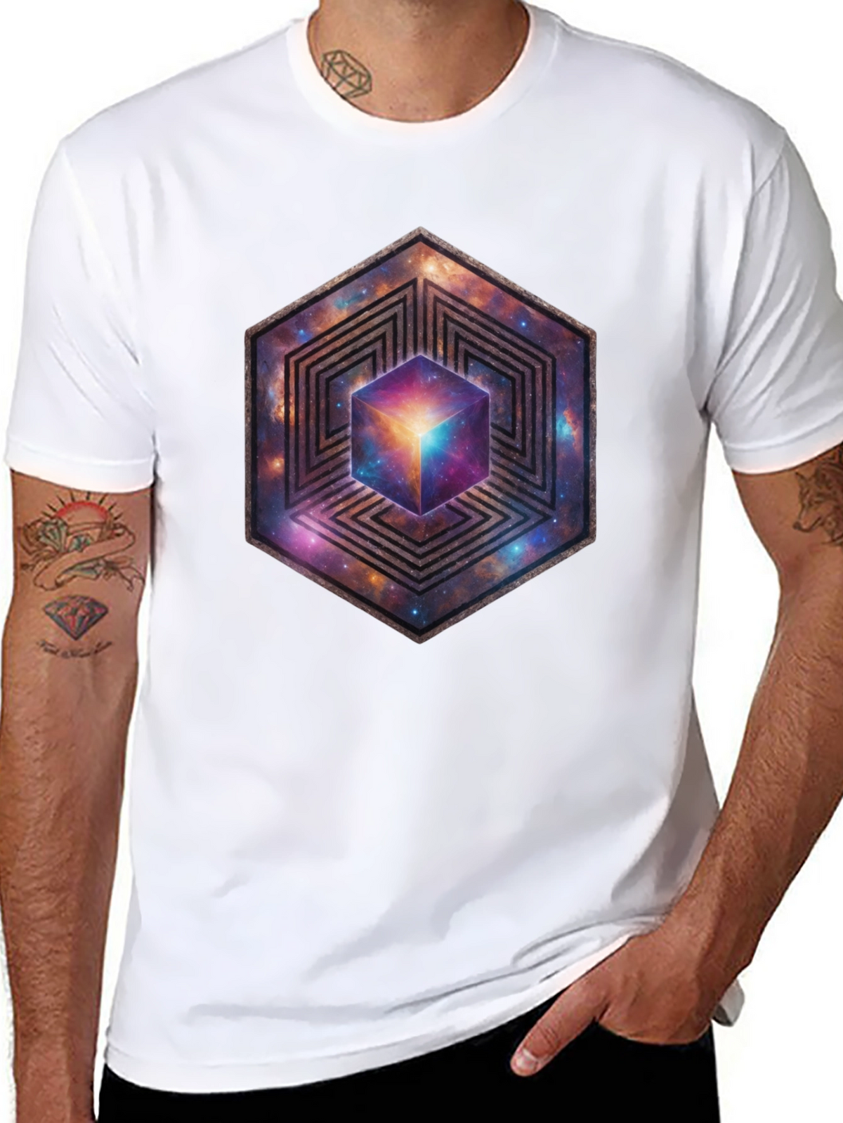 Hexagon Galaxy Cube Graphic T-Shirt