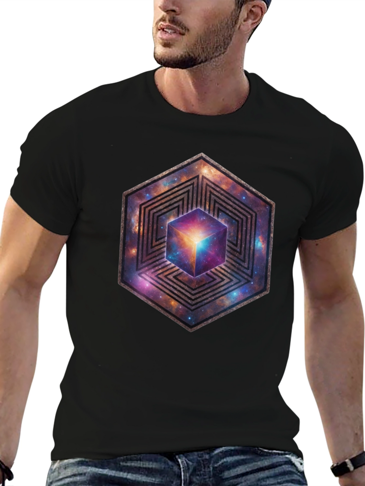 Hexagon Galaxy Cube Graphic T-Shirt