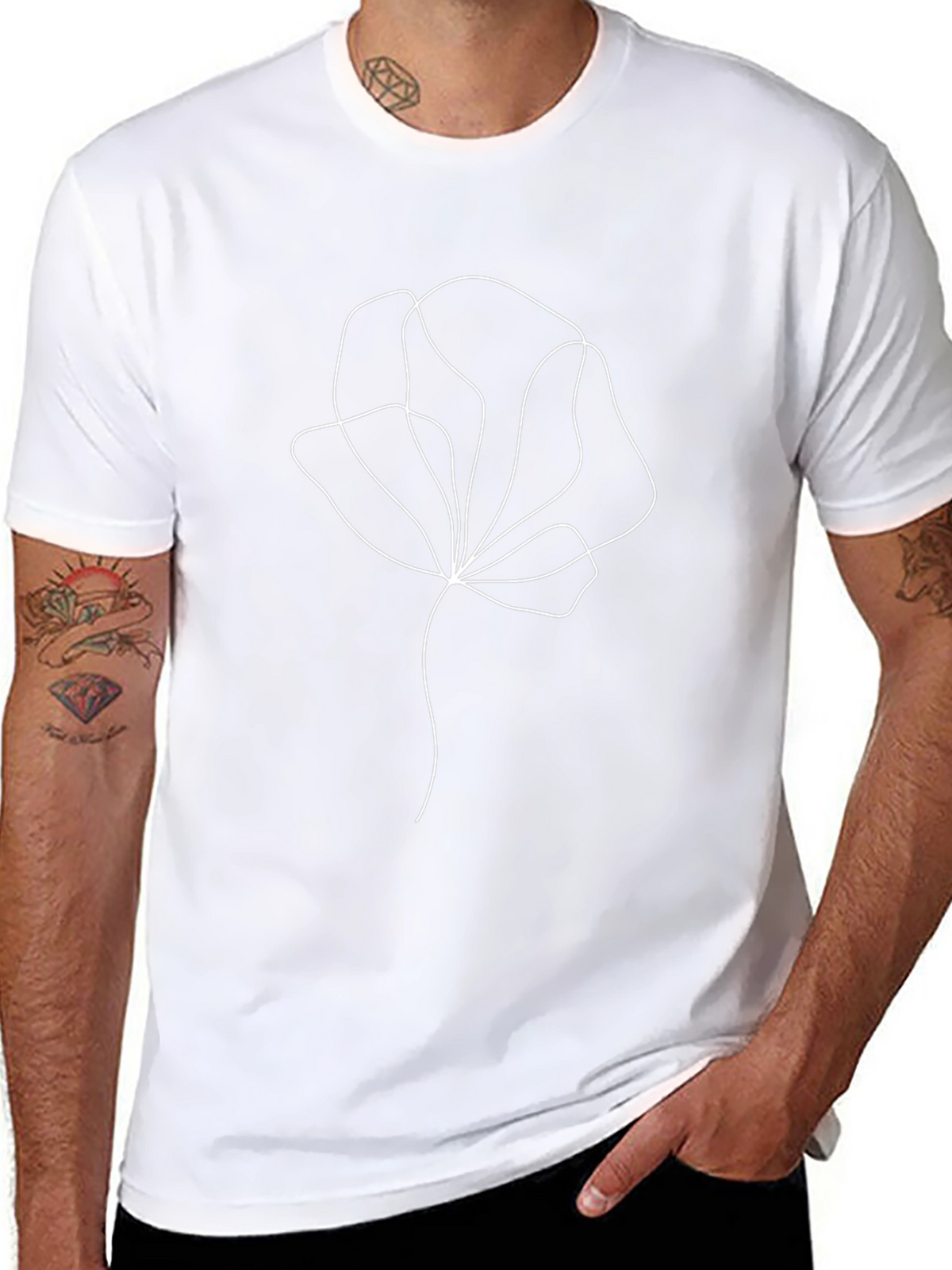 Minimalist Flower Line Art Black T-Shirt
