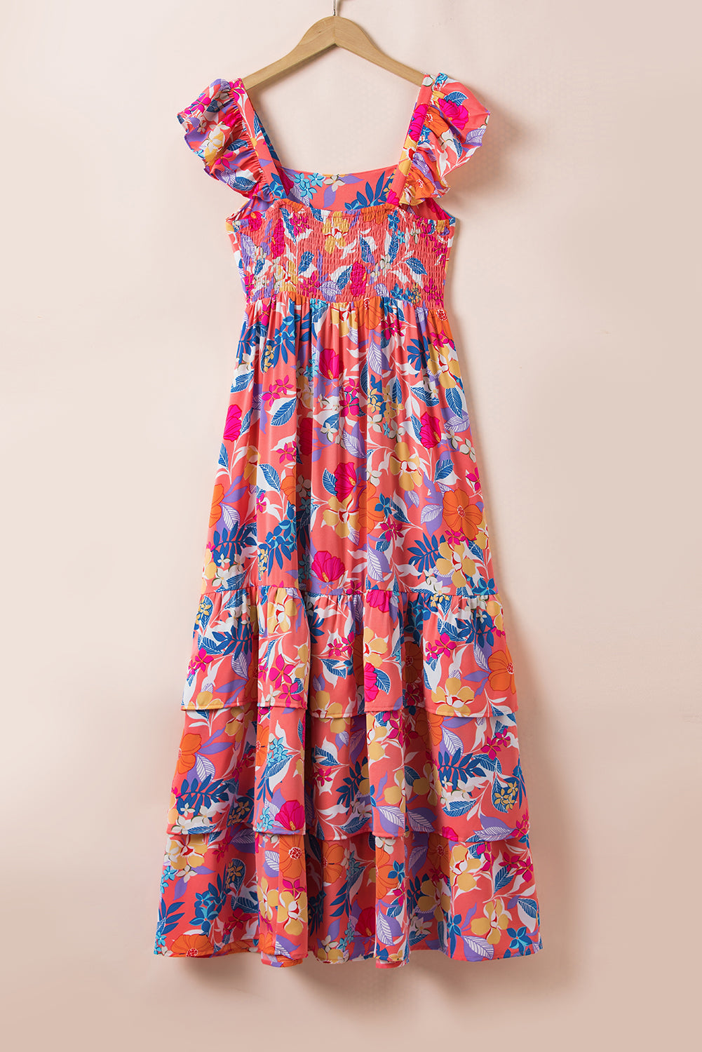 Pink Floral Print Sleeveless Ruffle Tiered Maxi Dress