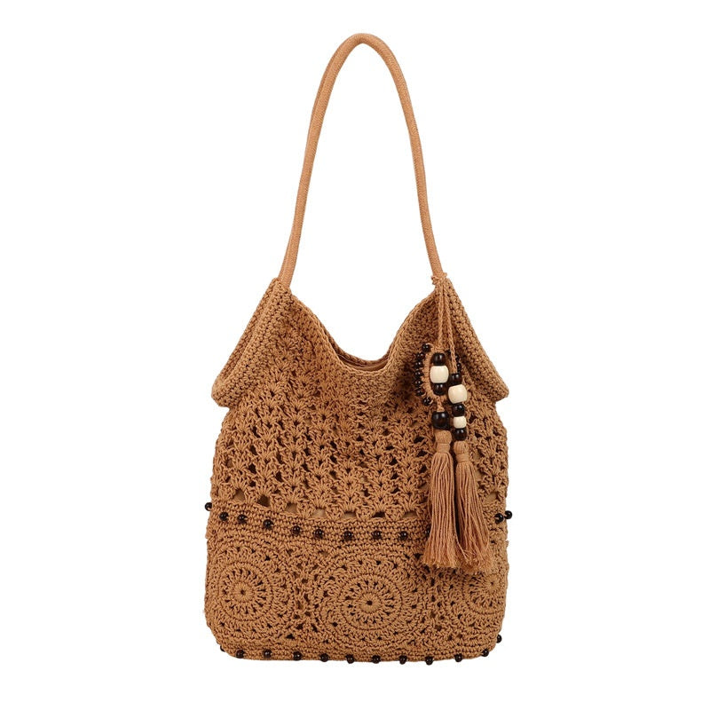 Chic Large Capacity Knitted Beach Tote with Tassel Design