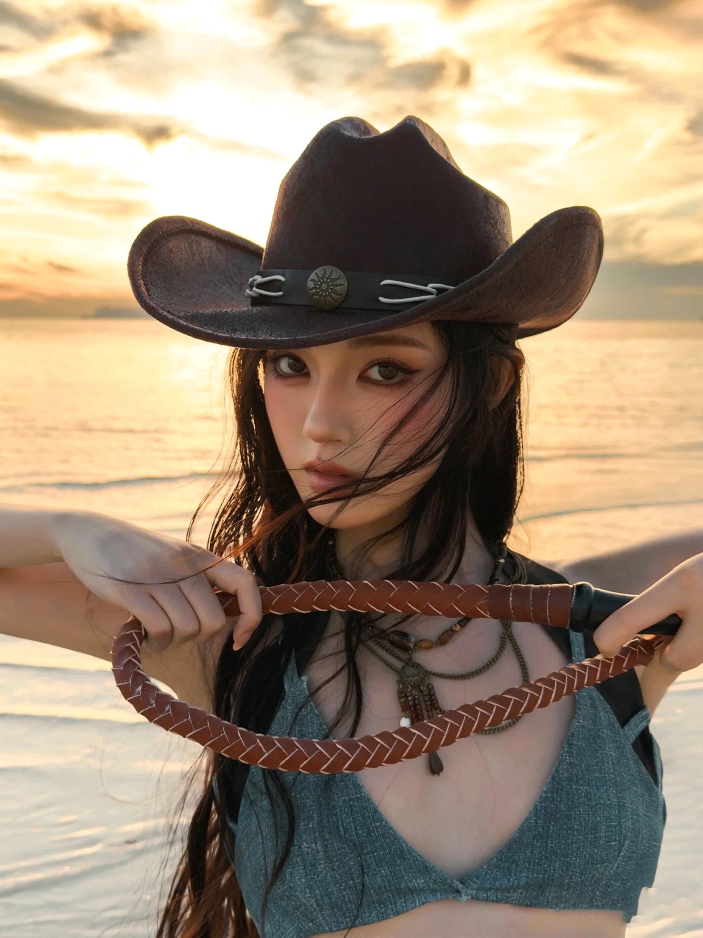Trendy Western Cowboy Hat with Lace-Up Detail for Men and Women