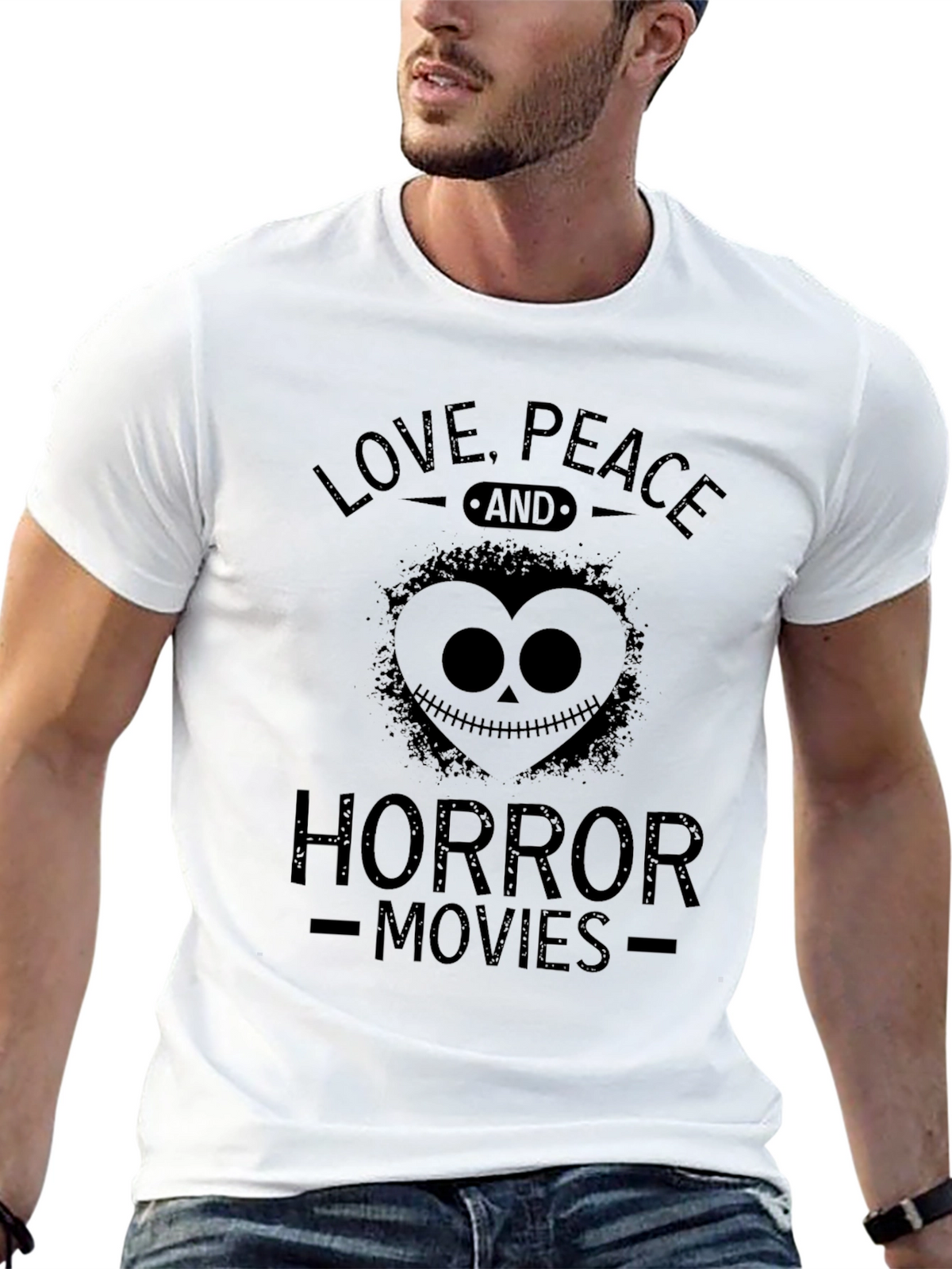 Love Peace Horror Movies Black Graphic T-Shirt