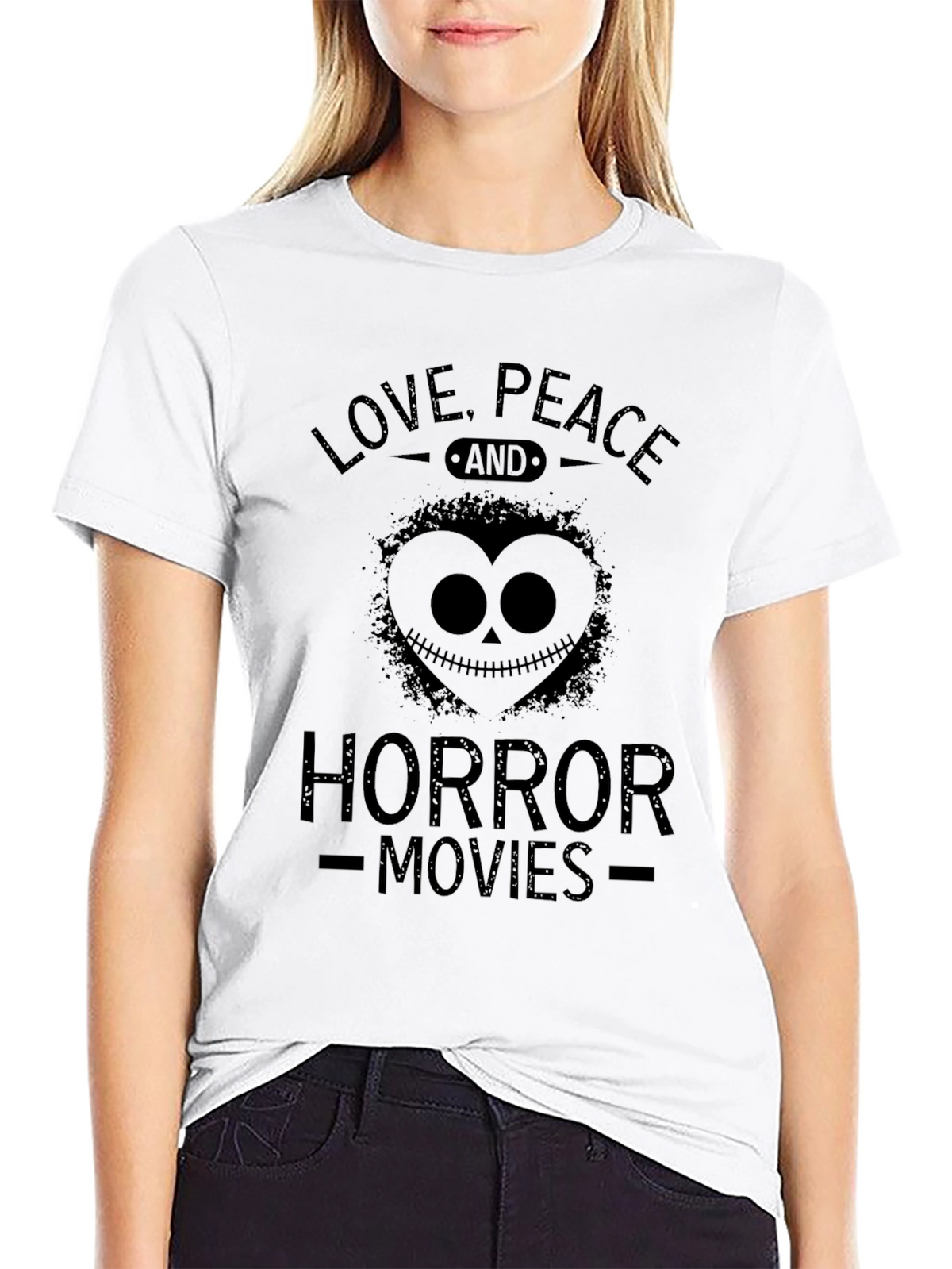 Love Peace Horror Movies Black Graphic T-Shirt